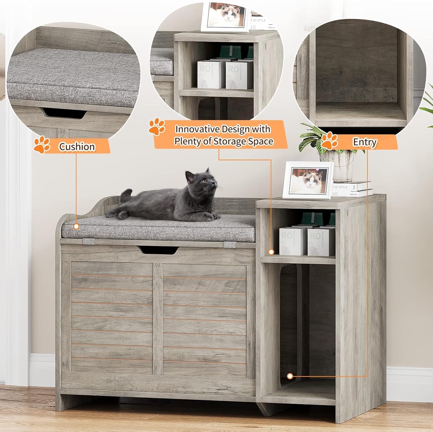 TrailBlaze Cat Litter Box Enclosure, Hidden Litter Box Furniture with Top Opening and Cushion, Pet House Side End Table with Storage Shelf and Cat Litter Mat, Wooden Storage Cabinet Bench, Grey