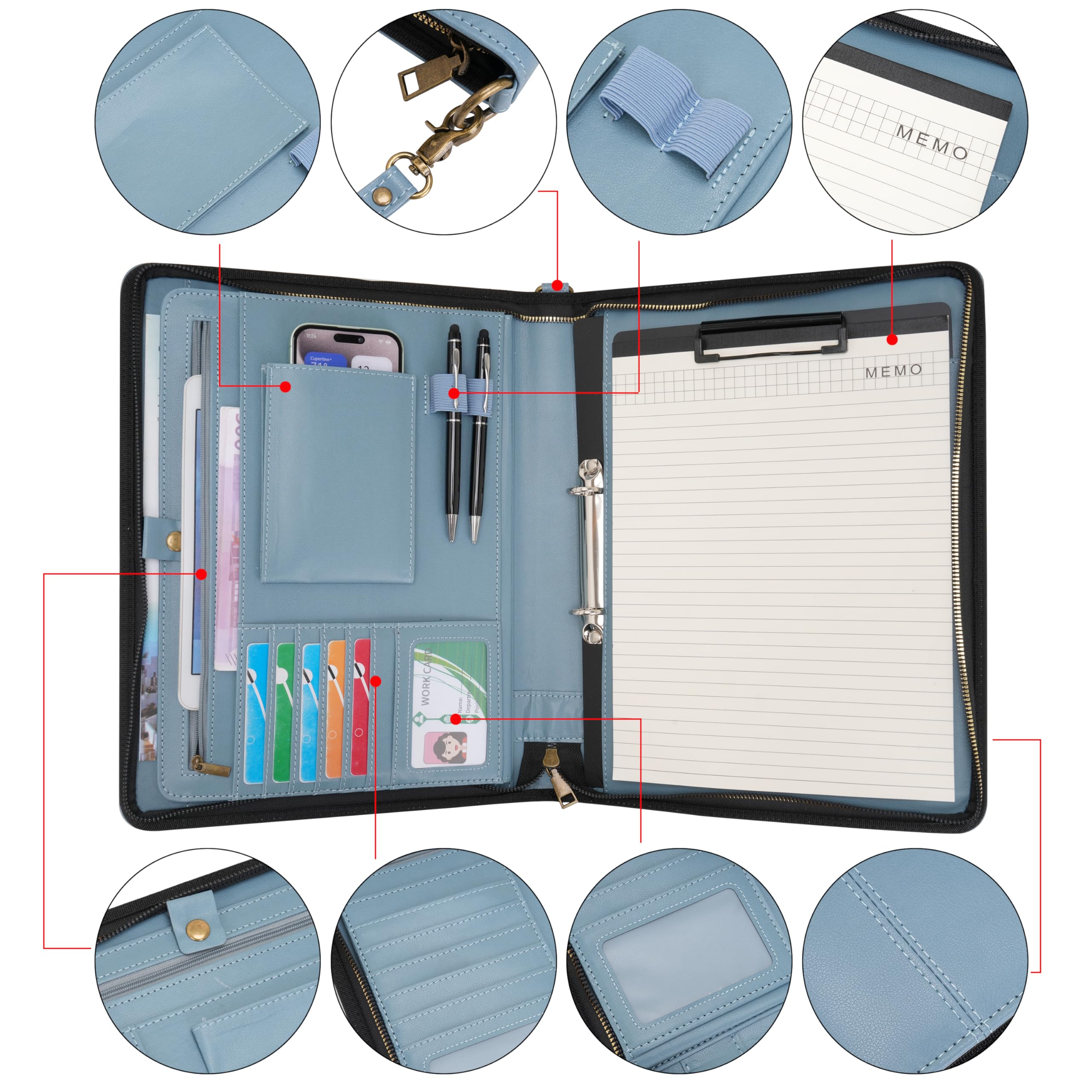 Wason Portfolio A4 Cremallera, Carteras de viaje Cuero PU con Carpeta de Anillas Desmontable y Soporte Bloc de Notas, Organizador Multibolsillos para Conferencias Oficina Viajes Escuela