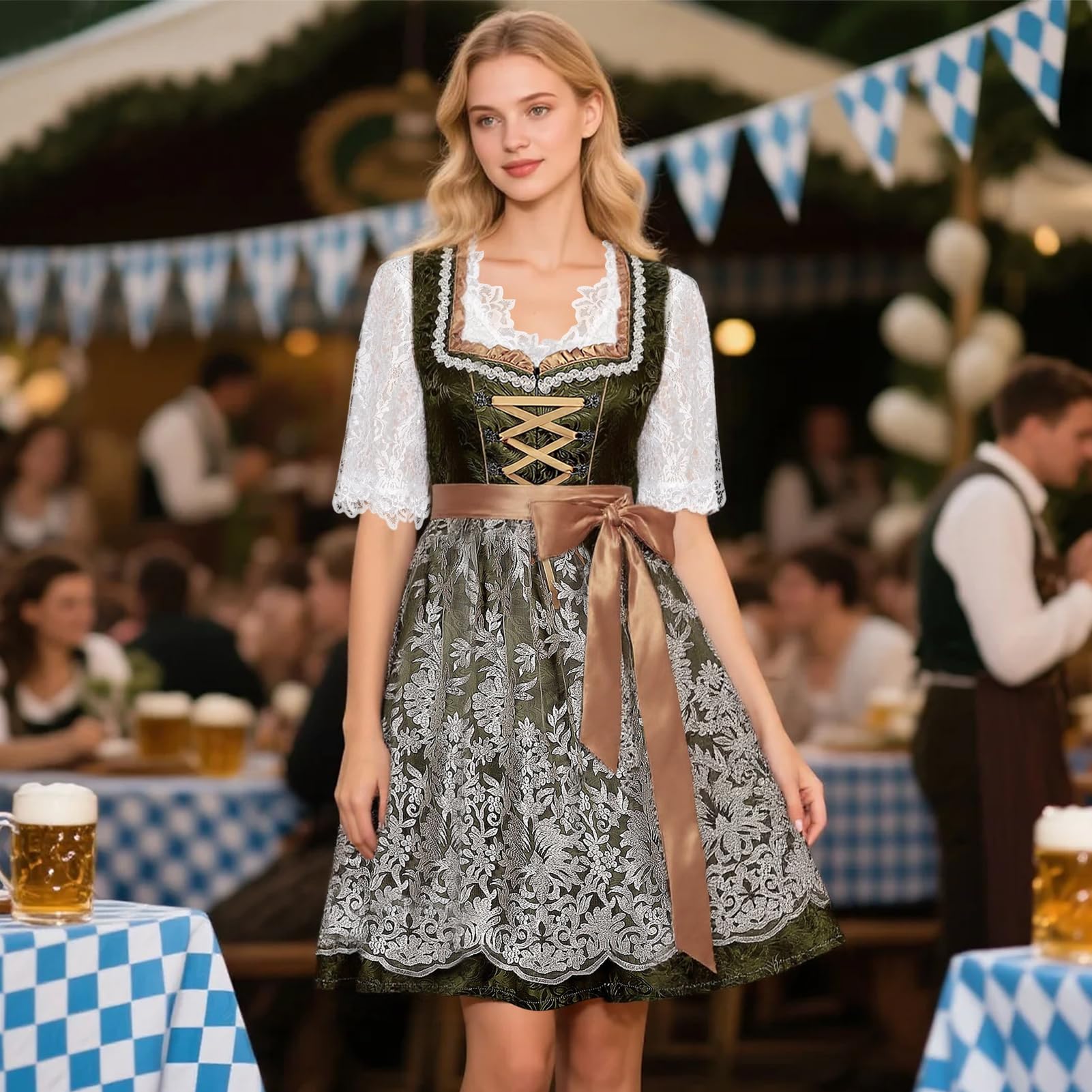 Oktoberfest Outfits für Damen, Trachtenkleid Trachtenmode für Oktoberfest, Dirndl Damen Midi Grün Oktoberfestkleider