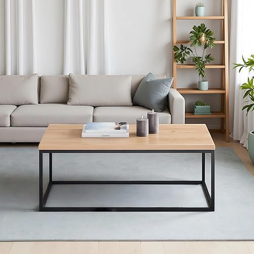 Miniatura 4 de CENSI Mesa auxiliar de roble natural de 40 pulgadas para sala de estar, mesa de cóctel industrial moderna con patas de metal negro, mesa central