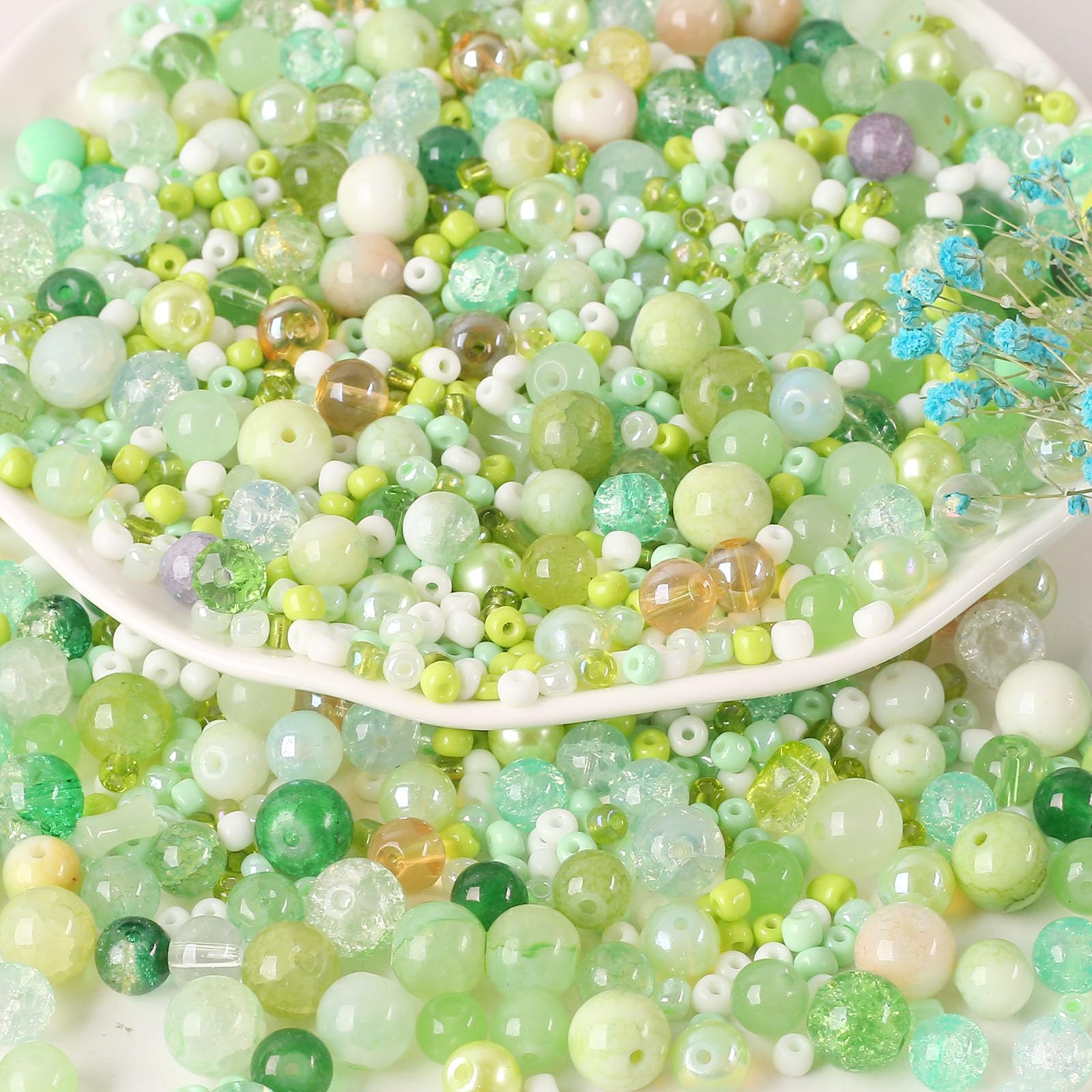 Perles en verre craquelé vert pour fabriquer vos bijoux d'été lors d'ateliers DIY