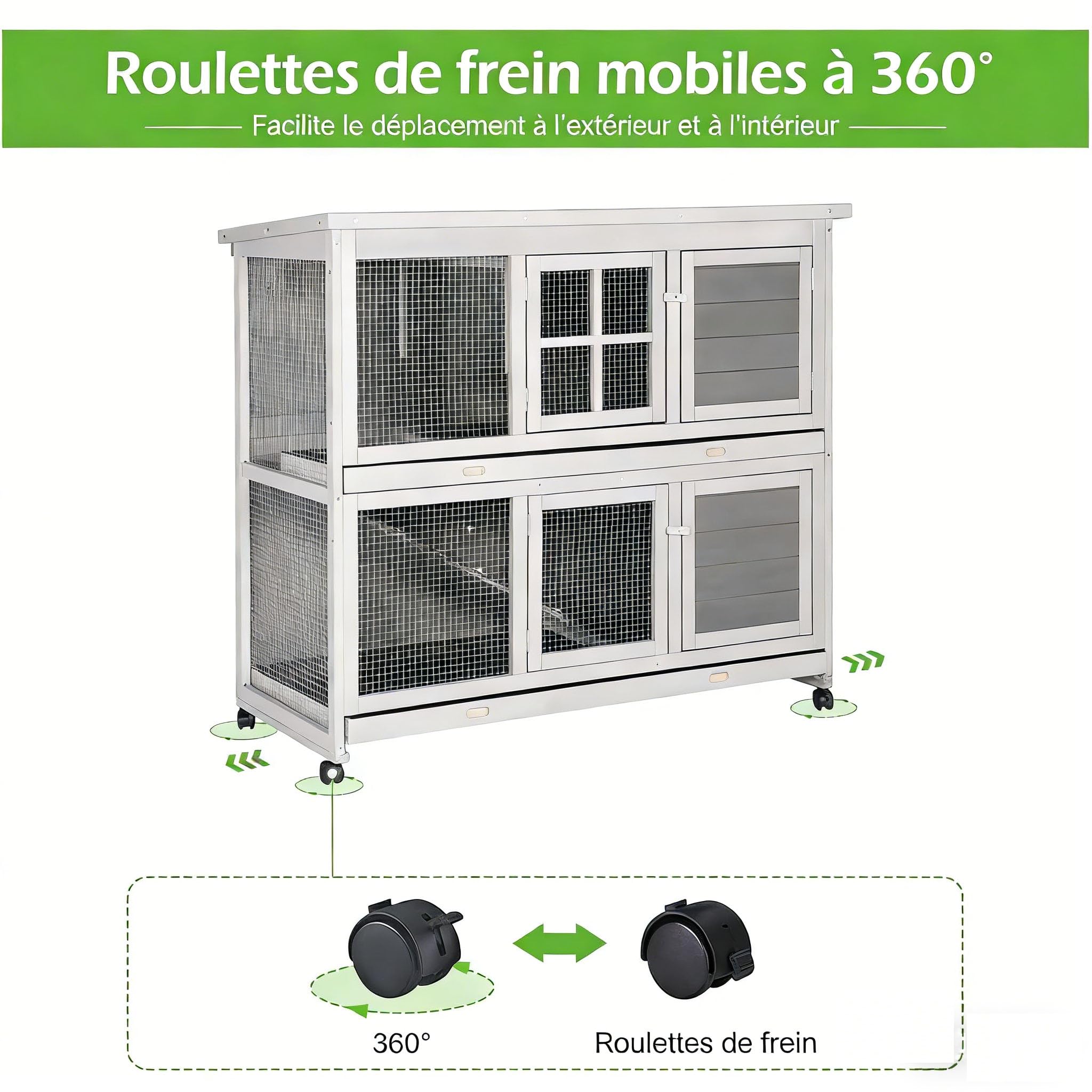 YODOLLA Clapier Lapin Exterieur sur roulettes, Clapier Lapin Interieur en Bois, 119 x 51 x105cm
