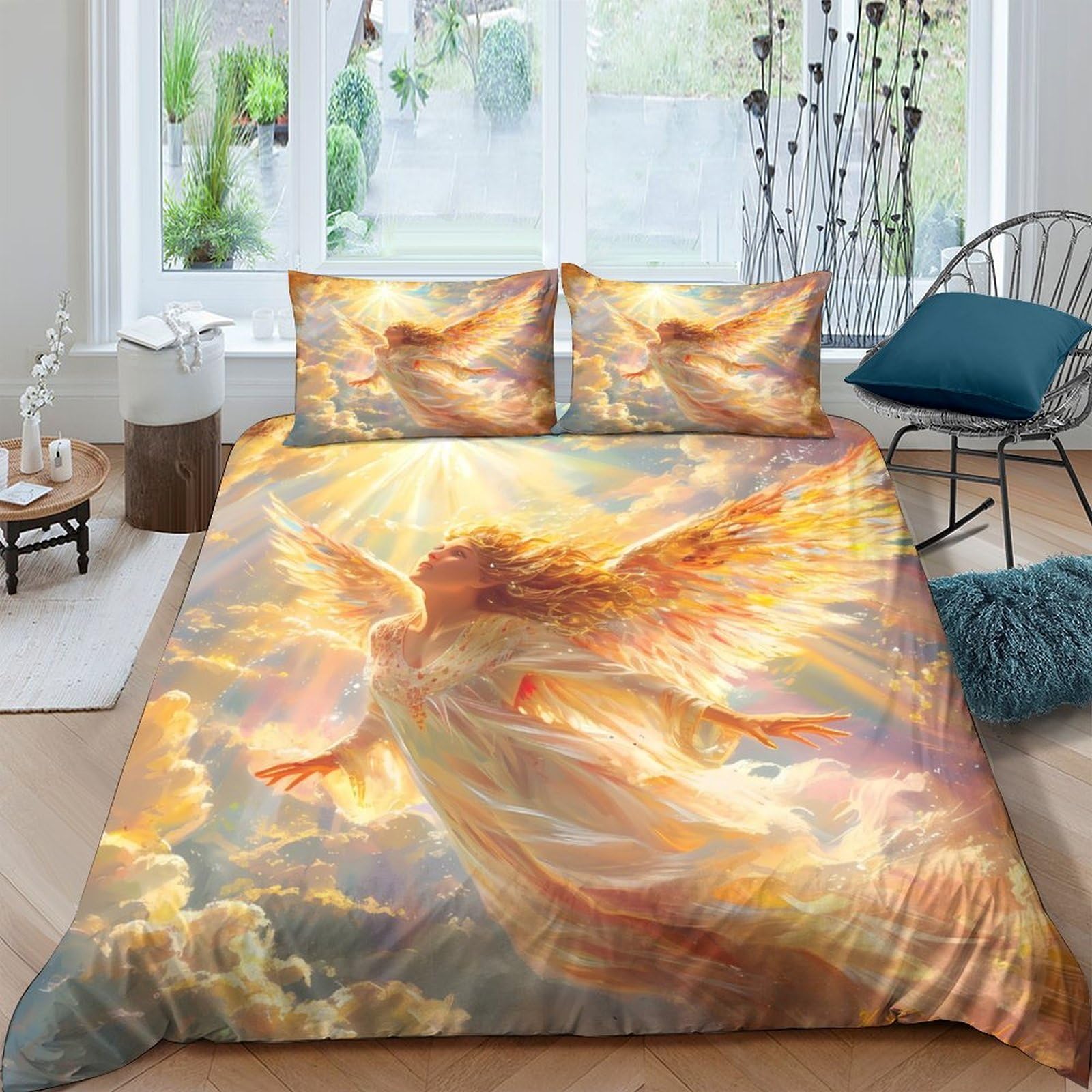 Ctjqhvkz Style-3 3D Printed Angel In Clouds Fitted Sheet Microfiber Soft Breathable Golden Light Mattress Cover Bedroom Decor Single（135X200cm）