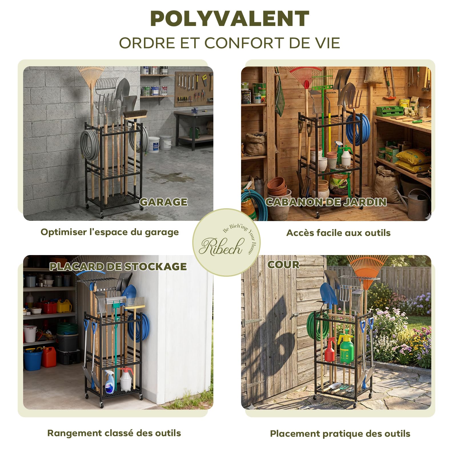 Chariot de Rangement 3 Niveaux avec Roulettes – Étagère Mobile pour Outils, Jardin, Cuisine & Garage, en Métal, Noir