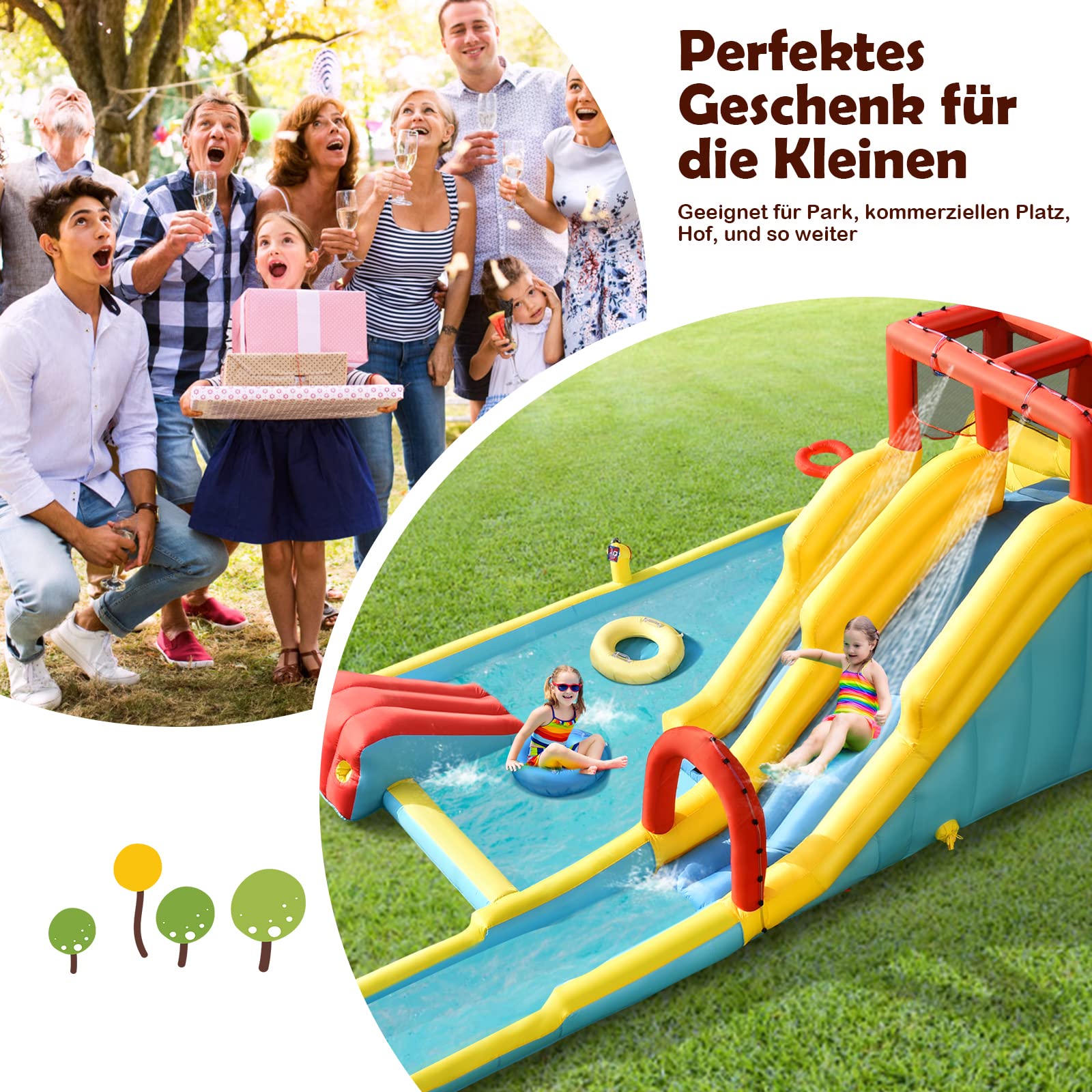 GOPLUS 7 in 1 Aufblasbare Hüpfburg, mit Rutsche, Kletterwand, Wasserbecken, Wasserpistole & Basketballkorb, Aufblasbare Wasserpark mit Tragetasche, für Kinder von 3-10 Jahren (Groß, Ohne Gebläse)