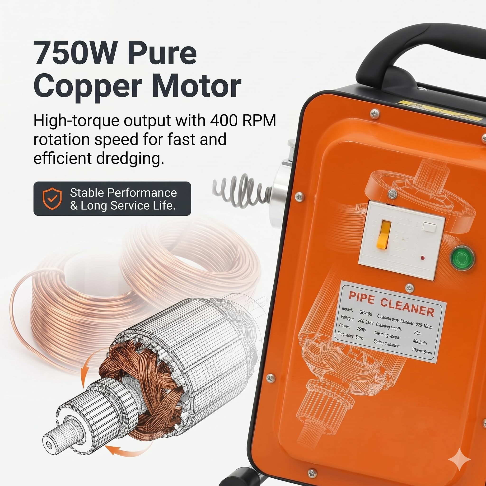 750 W 400 rpm - Máquina de limpieza de tuberías eléctrica con interruptor FI, para tuberías de 20 a 150 mm de diámetro, limpiador de tuberías, limpiador de desagües, espiral de limpieza de tuberías de