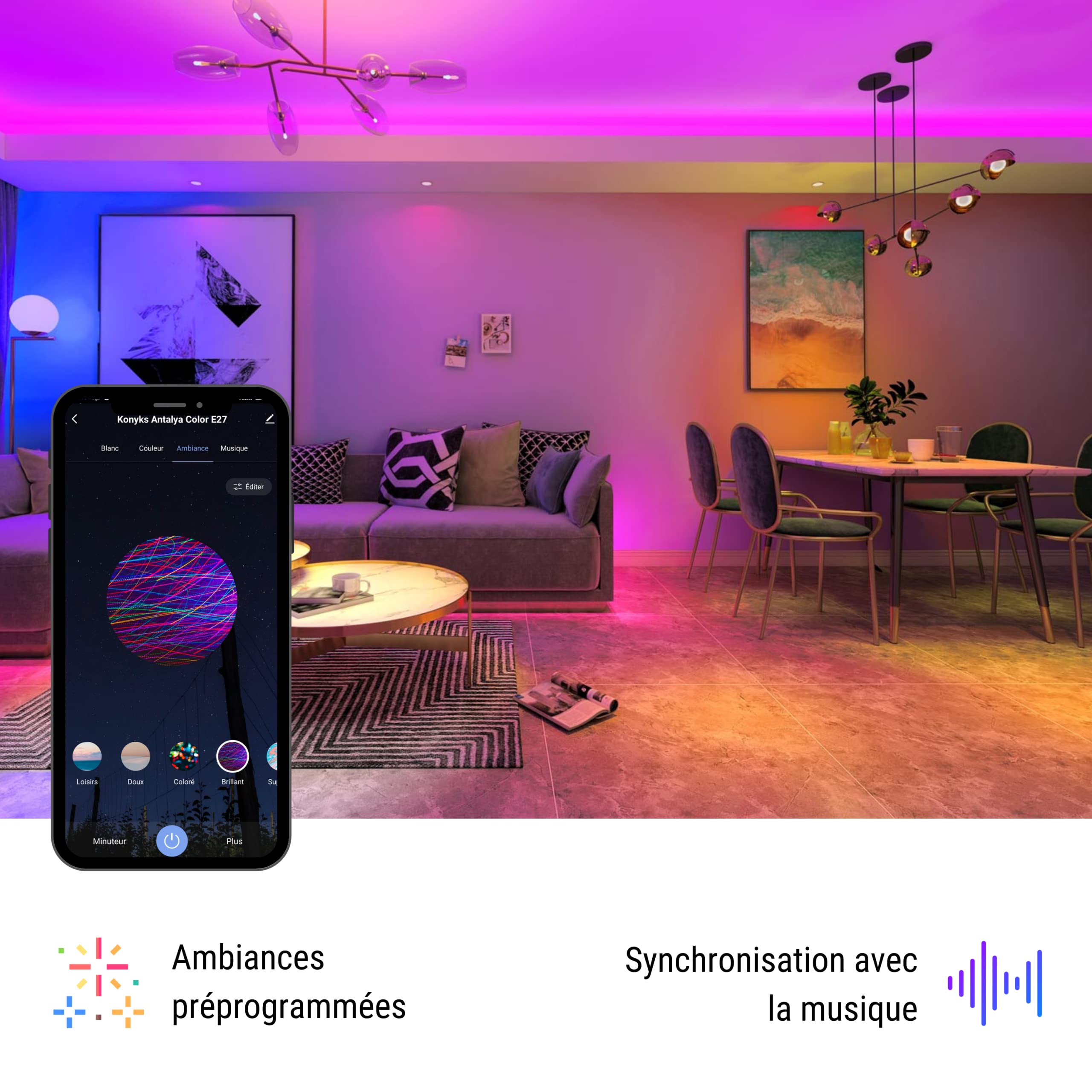Konyks Antalya Color E27 - LED WiFI + BT, 1055 lumenów, 11 W, kolory + regulowany biały, kompatybilny z Alexa lub Google Home, łatwa automatyzacja