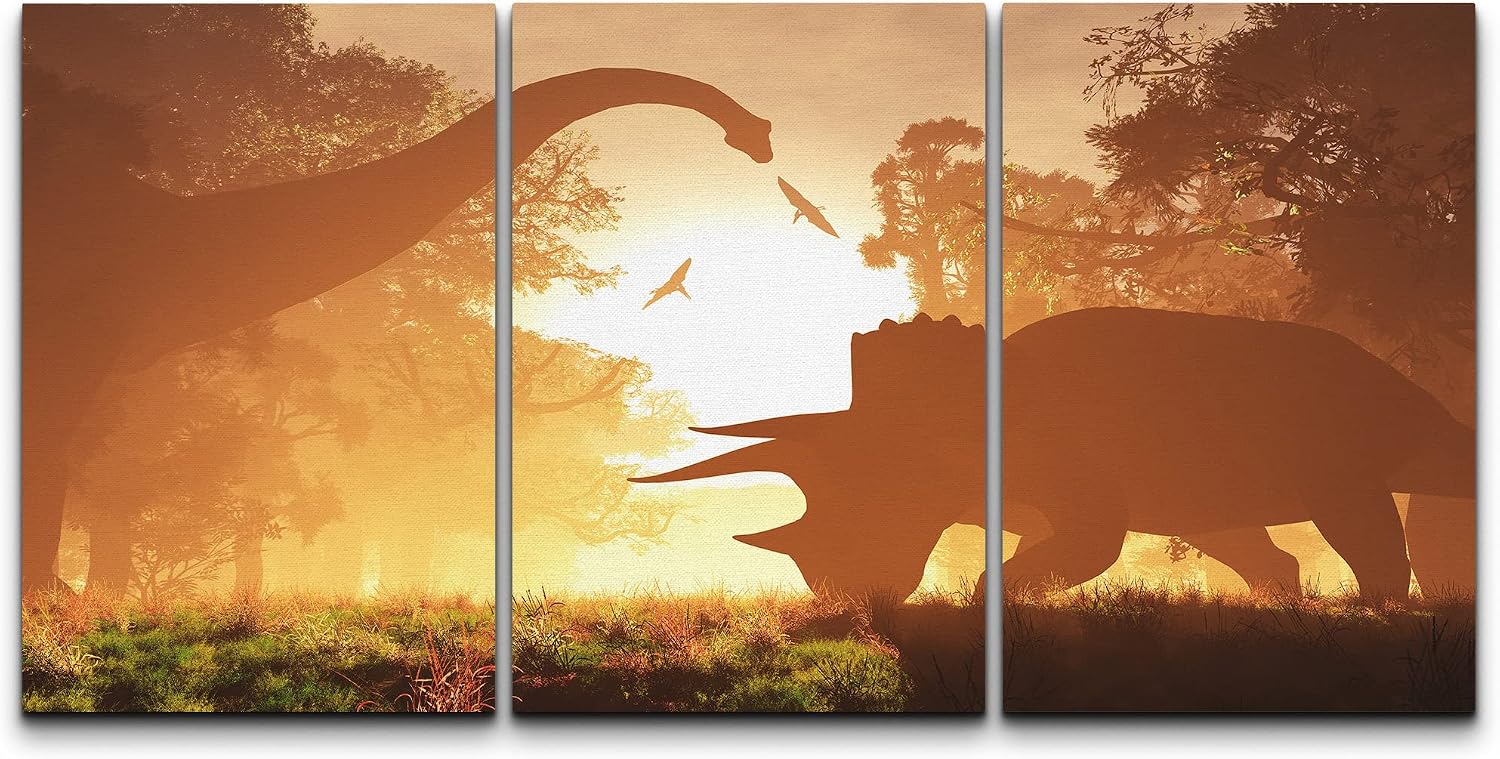 wall26 - 3 Piece Canvas Wall Art - Dinosaurs in Prehistoric Jungle in The Sunset Sunrise 3D Artwork - Modern Home Art Stretched and Framed Ready to Hang - 24"x36"x3 Panels
