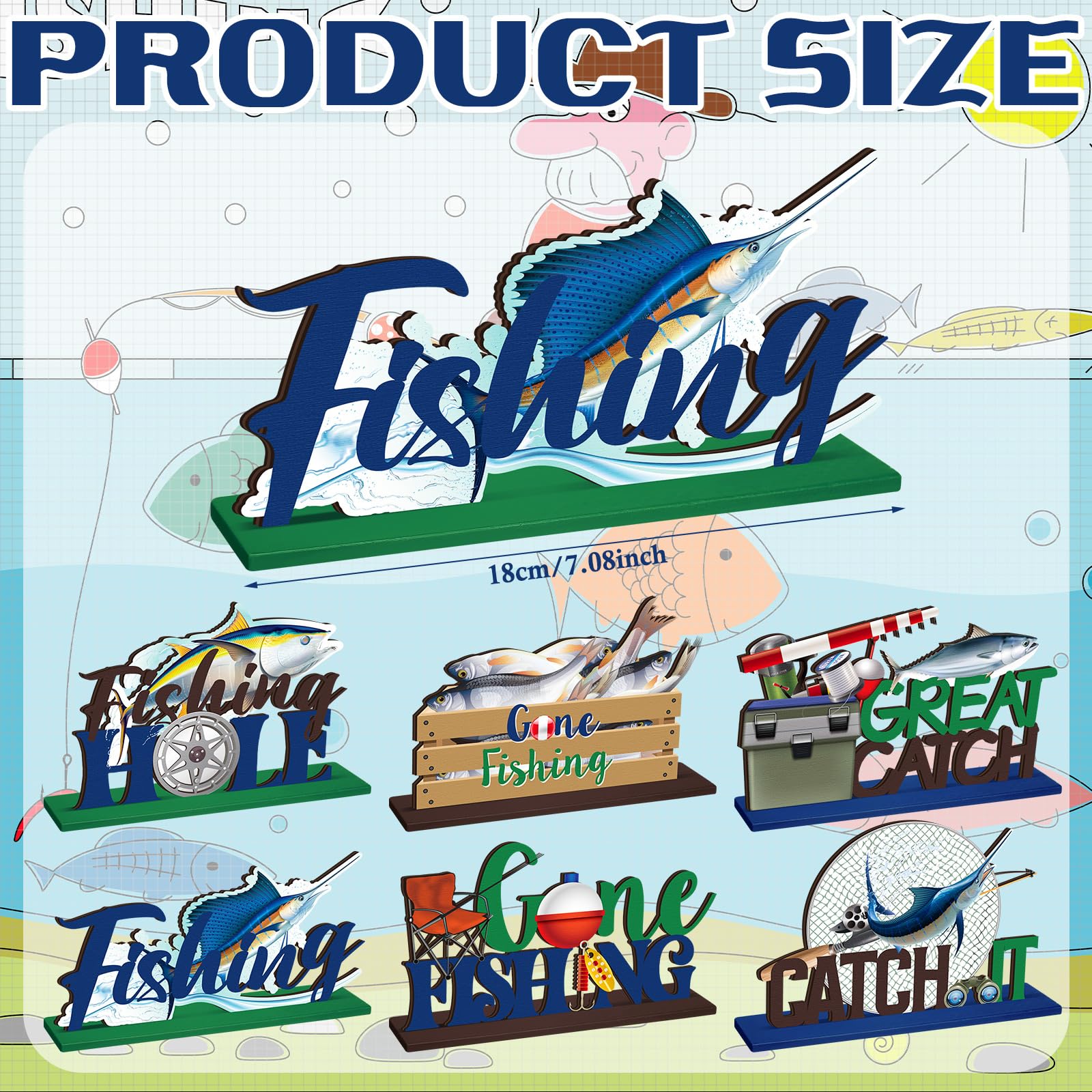 Threehoney 6 Sets Fishing Table Decor Summer 3D Fishing Table Decor Gone Fishing Party Wooden Fishing Theme Centerpieces Fisherman Friends Mas Party Decor for Birthday Baby Shower Party Decorations