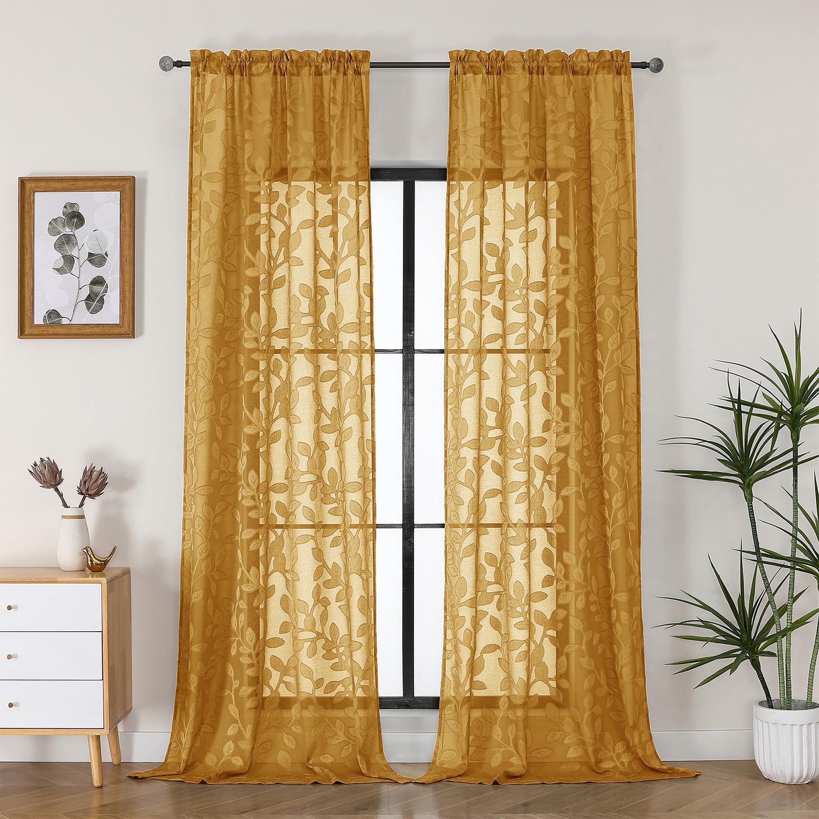 OVZME Gold Sheer Curtains 96 inches Long 2 Panels for Living Room, Jacquard Clip Leaf Pattern Textured Light Filtering Window Semi Sheer Voile Drapes for Bedroom, Each Panel 42 x 96 Inch โ image 1