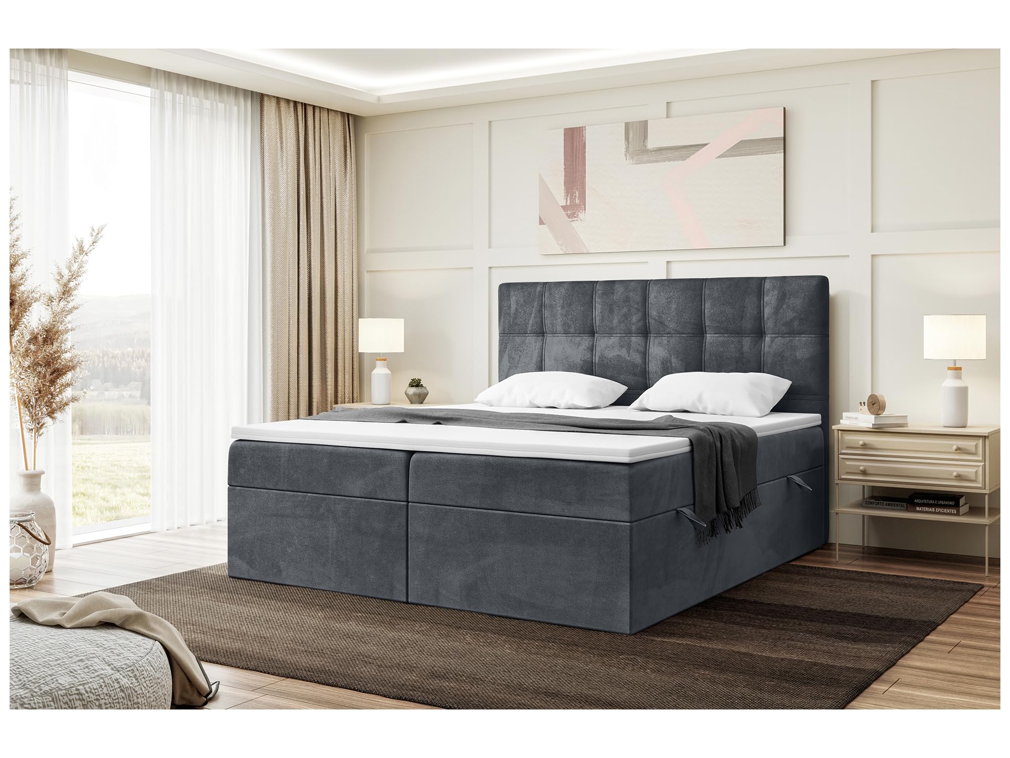 MEBLINI Boxspringbett mit Bettkasten - 140x220 - H4/Dunkelgrau Samt - Kai - Gepolstert Doppelbett mit Matratze und Topper - Polsterbett mit Stauraum - Bett mit Kopfteil - Stauraumbett