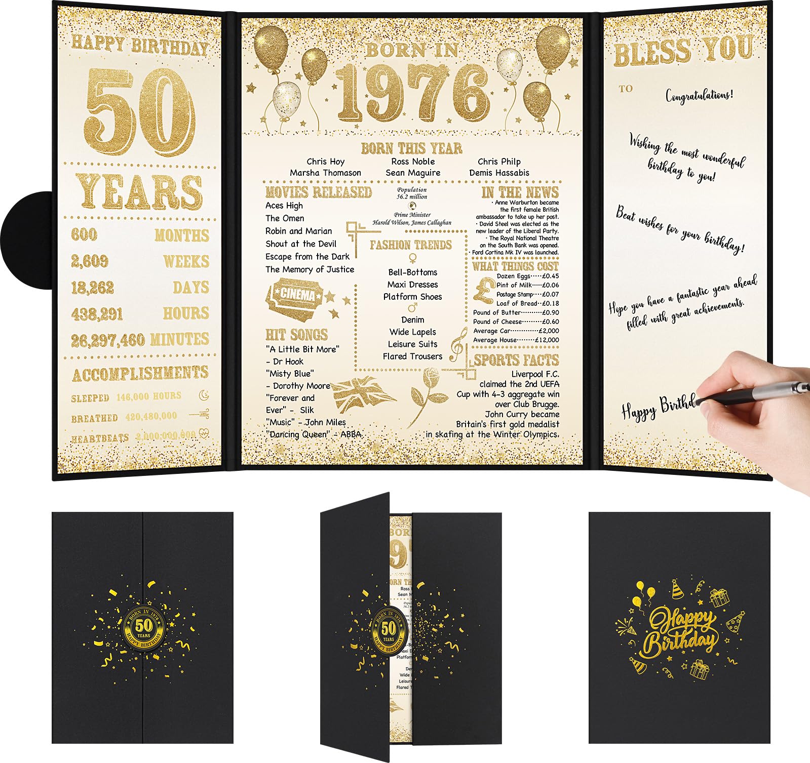 Benjia 50th Birthday Gift for Woman Man, 1976 Bday Card Decoration Guest Signing Book, 50 Years Old Signature Hard Cardboard, Born in 1976 UK Poster Guestbook, Black Gold Birthday Party Decor — image 1