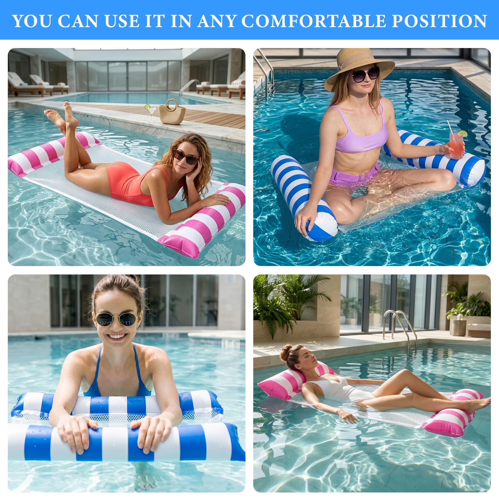2 Piezas Colchoneta Piscina Adultos, Colchoneta Hinchable Piscina XL, Hamaca de Agua 4 en 1 con Red, para Piscina, Playa, Verano, Vacaciones y Relax