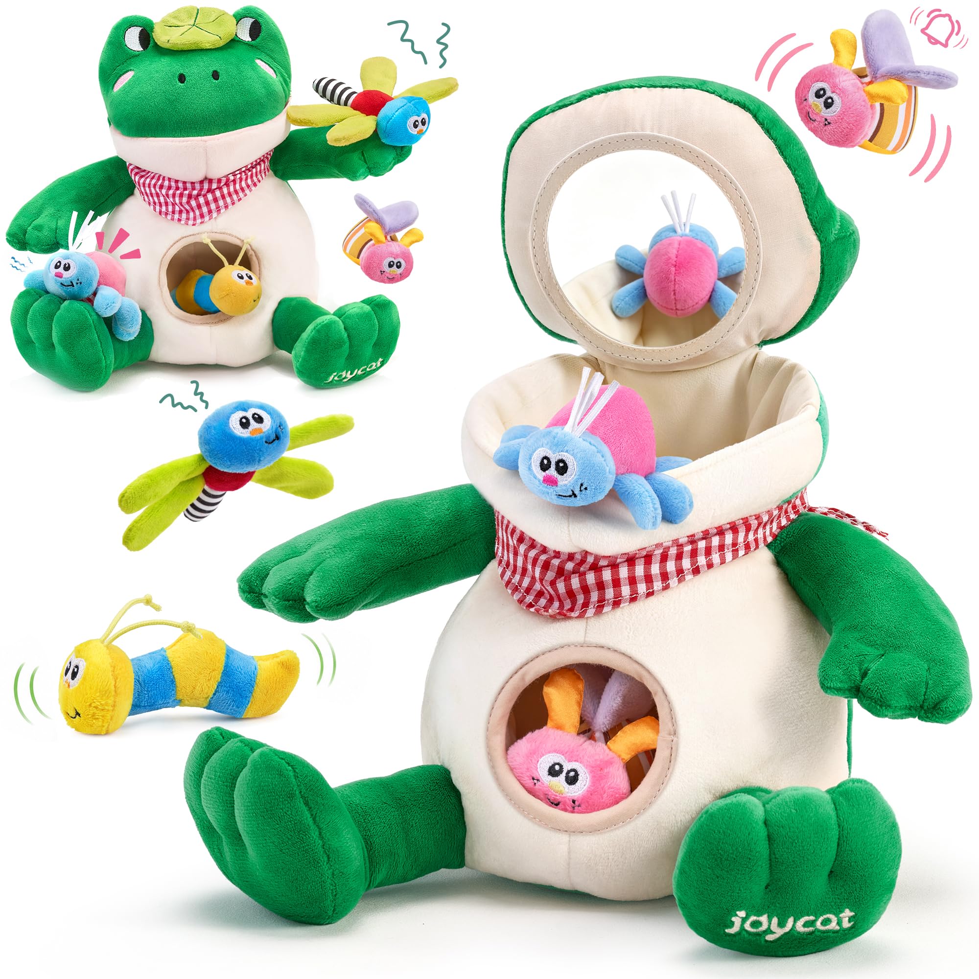 JoyCat Jouets pour Bébés 3 à 18 Mois - Jouet Montessori Grenouille avec 4 Insectes sensoriels, Hochet, Papier Froissé, Couineur et Miroir Bébé - Jouets Montessori pour Enfant 6 7 8 9 10 Mois, Cadeau