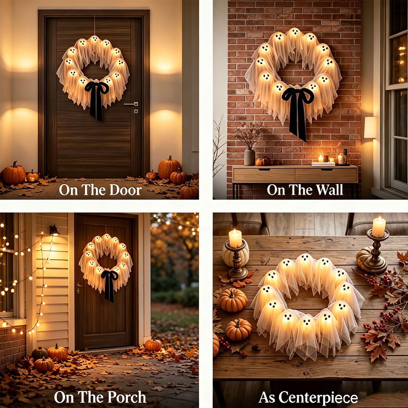Ghirlanda Fantasma Luminosa di Halloween da 30/35 cm, Decorazione Bianca | Con Telecomando, A Batteria & Facile da Appendere, Forte Atmosfera Halloween, per Porta d’Ingresso, Parete, Festa(30cm)