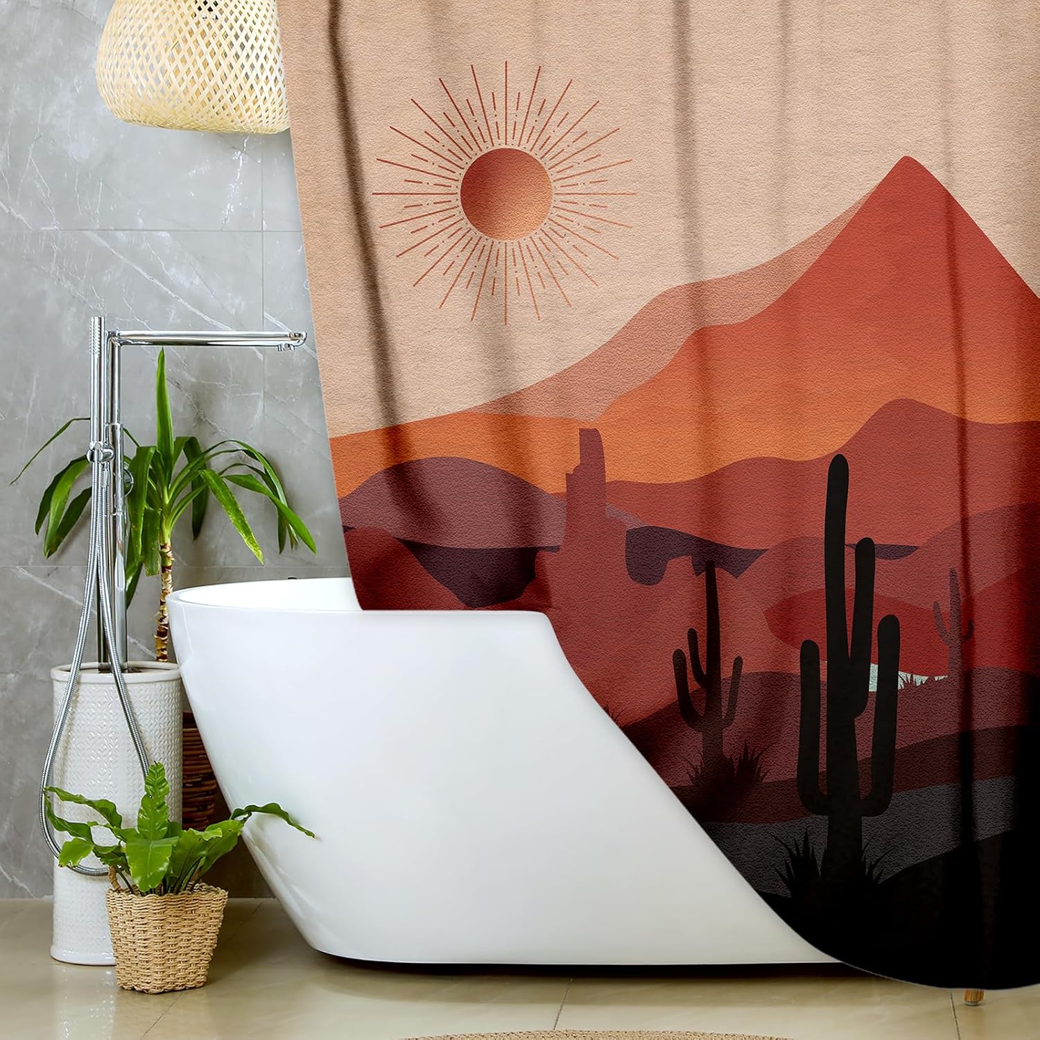 Boho Western Shower Curtain Modern Southwestern Mountain Cactus Arizona Desert Sunset Shower Curtain for Bathroom Mid Century Modern Retro Aesthetic Minimalist Fabric Bath Curtain with Hooks, 69X84IN