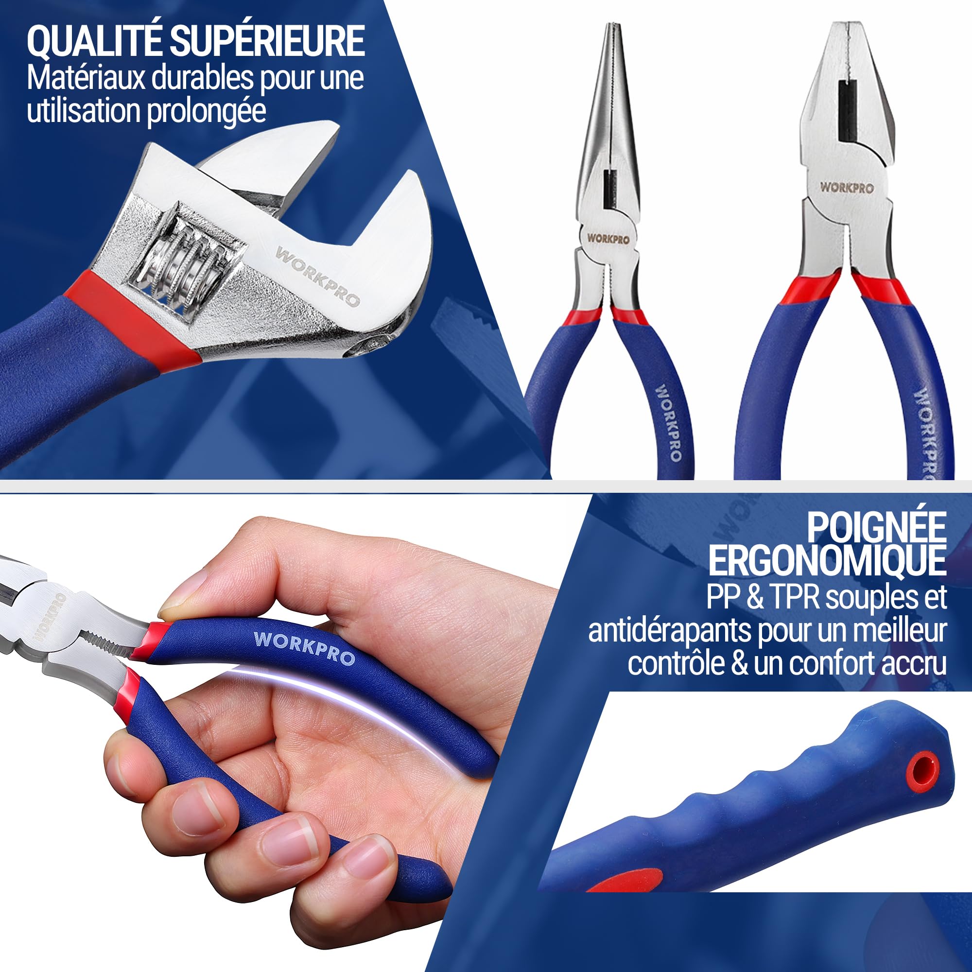 WORKPRO Kit d'Outils avec Sac de Rangement | pour Usage Domestique ou du Travail 100 Pièces en Acier au carbone et Cr-V, Bleu Rouge Noir
