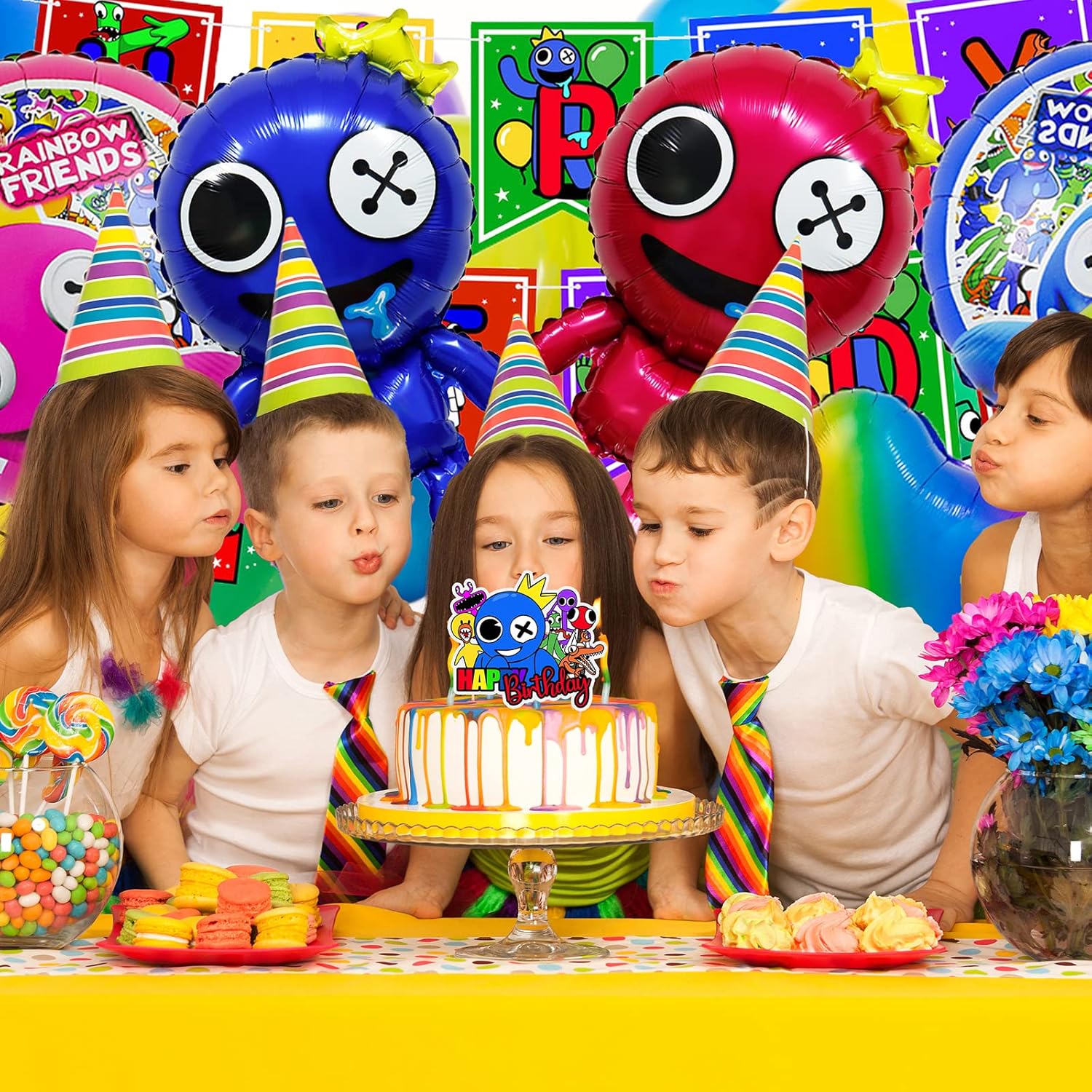 Rainbow Friends Birthday Decorations 24 Pieces Balloon Decoration Set Birthday Banner Cake Decoration for Boys Girls Birthday Party