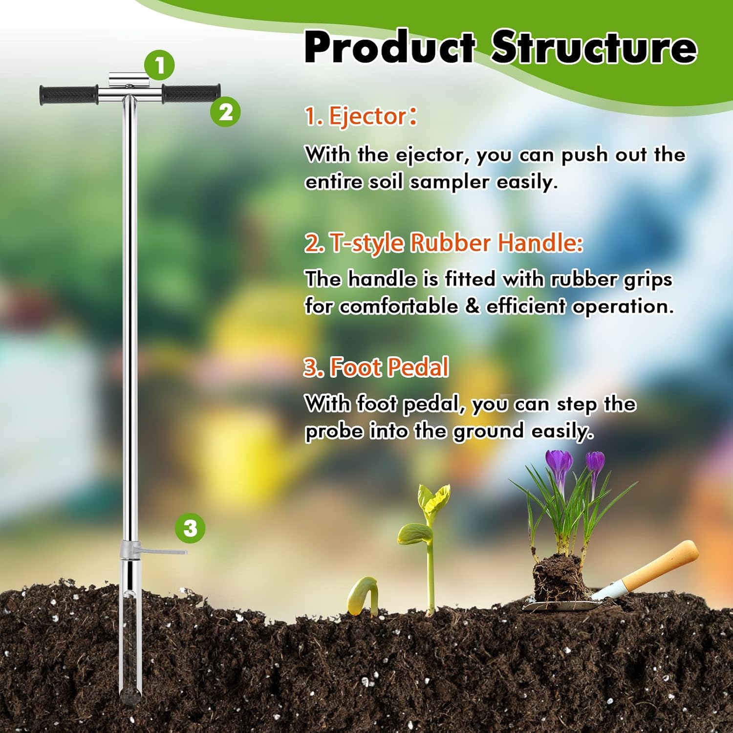 YJINGRUI Soil Probe 40 Inch, Soil Sampler Probe 304 Stainless Steel with Ejector and Foot Pedal, Soil Test Kits for Lawn Garden Farm Soil Sampling
