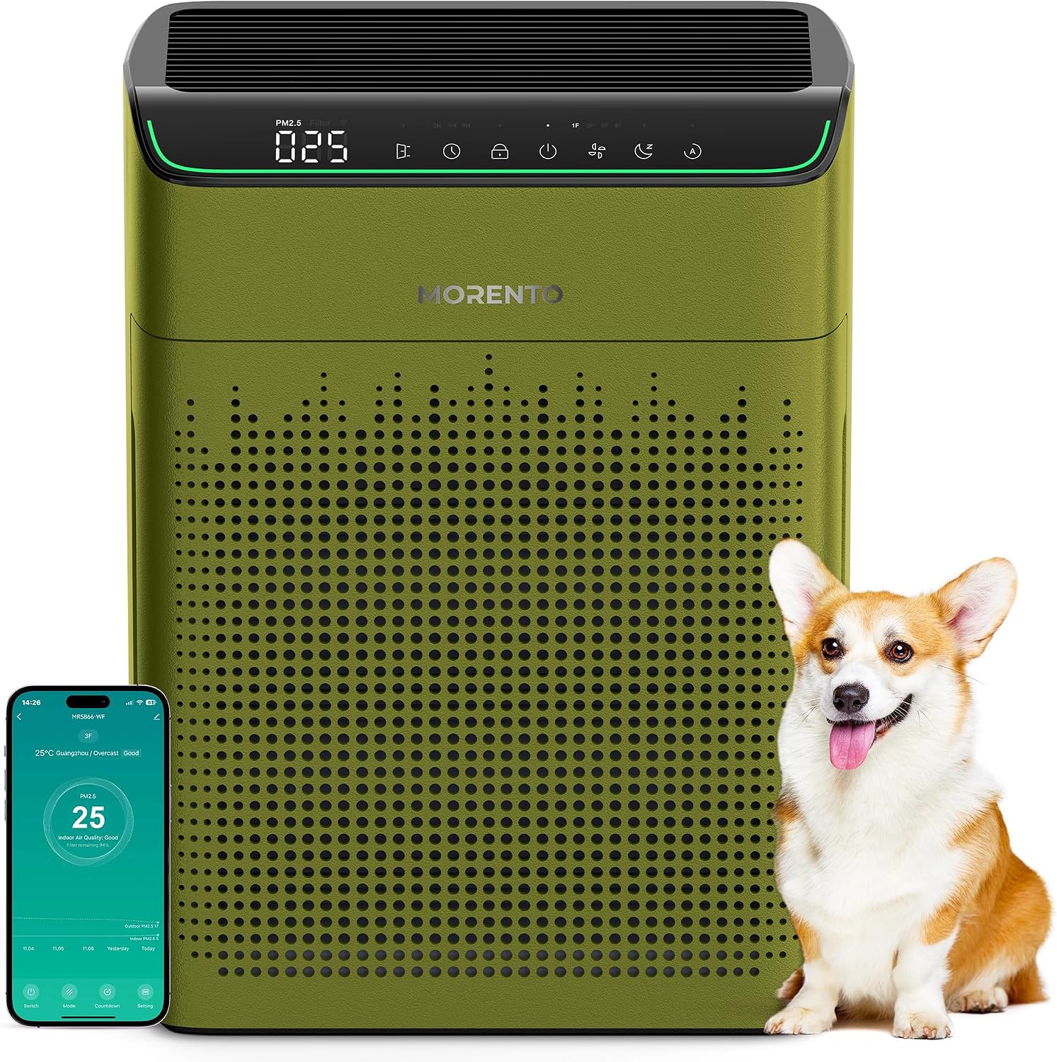 MORENTO MR5866 Air Purifier with a dog and smartphone showing app control