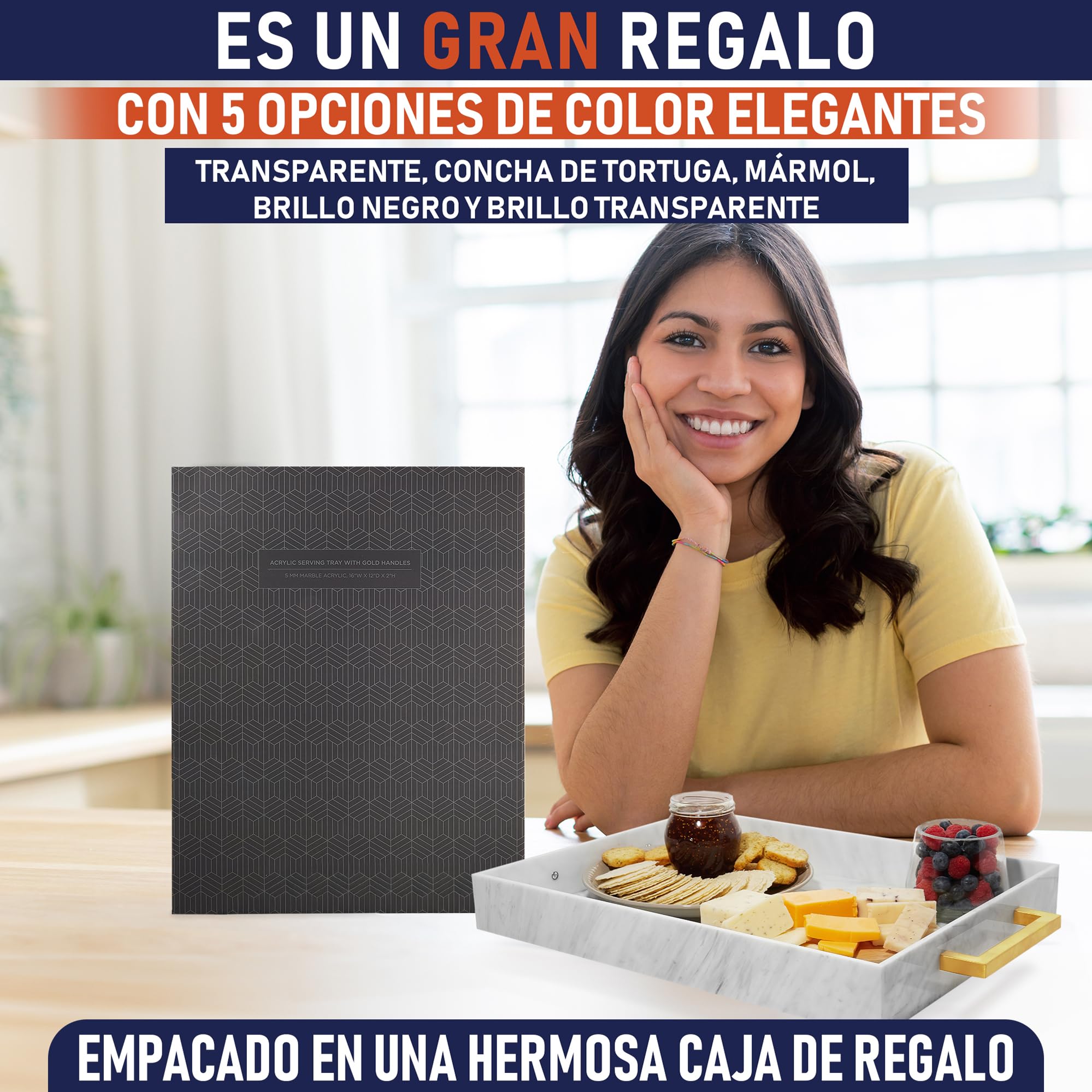Bandeja para Servir de Acrílico con Asas Doradas, Bandejas Decorativas de 40,6 x 30,5 cm para Mesa de Café, Servidor de Bebidas a Prueba de Derrames, Cocina, Plato de Fiesta (Mármol)