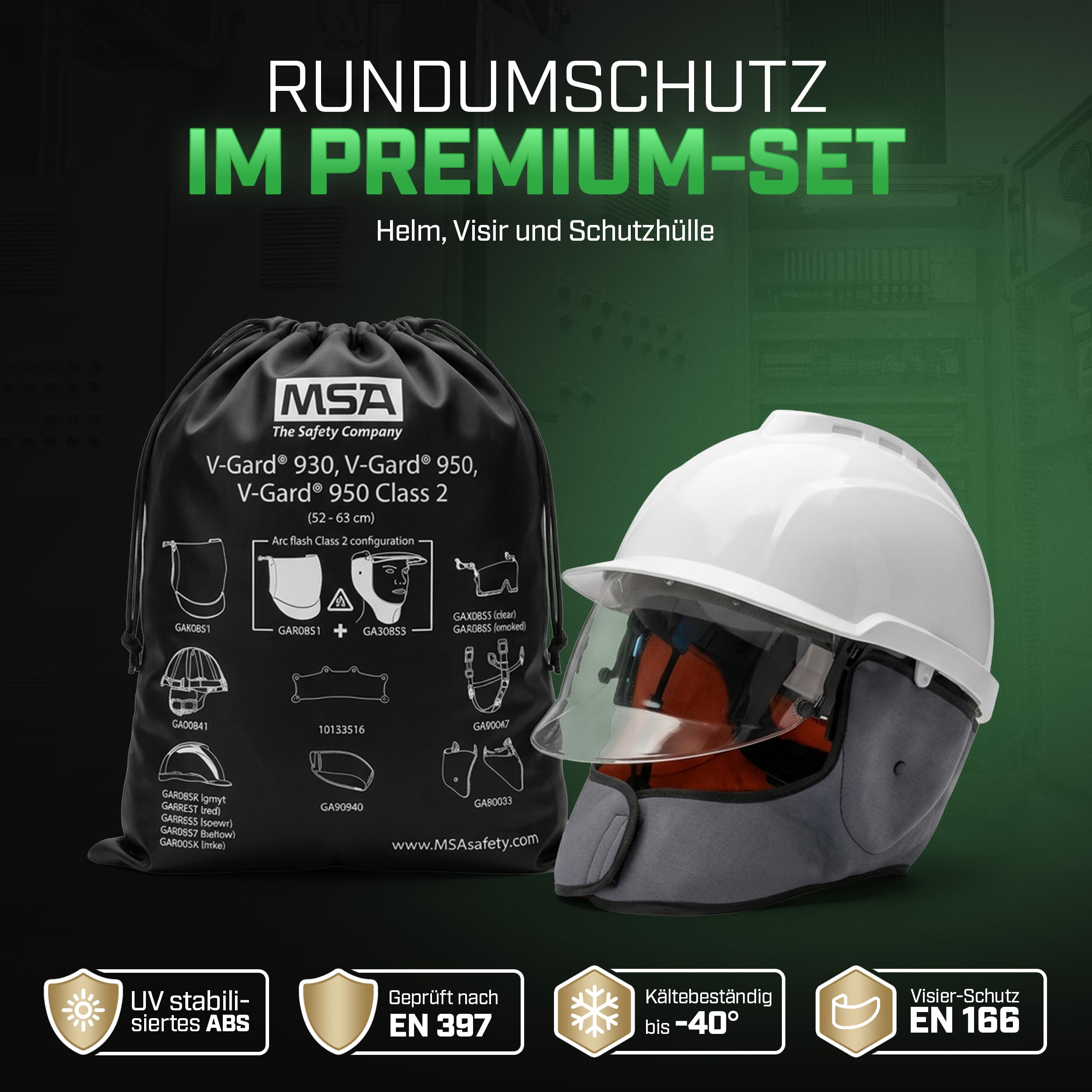 MSA V-Gard 950 Elektriker-Set - unbelüfteter Schutzhelm mit Störlichtbogen-Visier (Klasse 2) - Helm mit Hals- und Ohrklappen