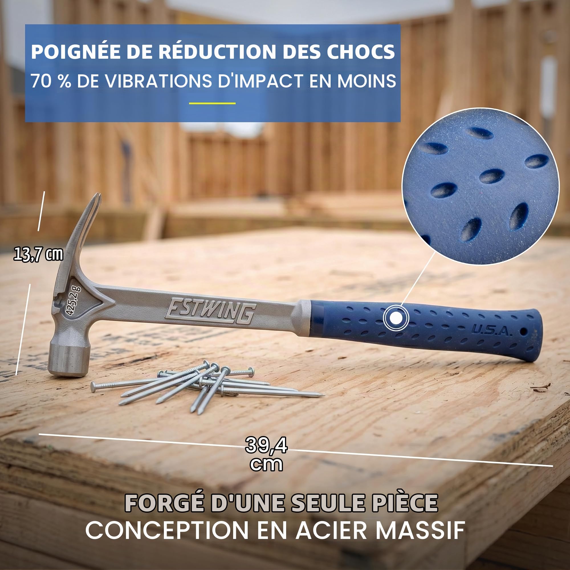 Estwing E6/15S Marteau ultra à poignée en vinyle Bleu 425 g