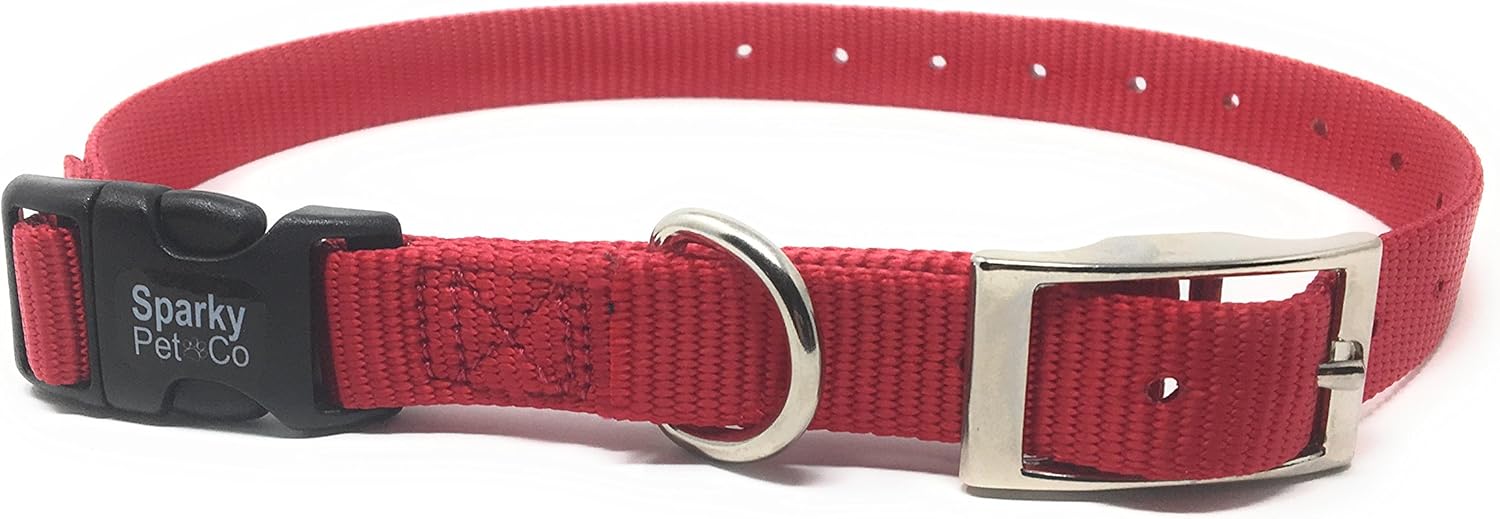 Sparky Pet Co - ECollar Replacement Strap - Double Buckle Dog Collar - Rugged Nylon - Adjustable - D Ring - Quick Release Metal Clasp - for Invisible Fence Systems - 3/4" x 21" - Red