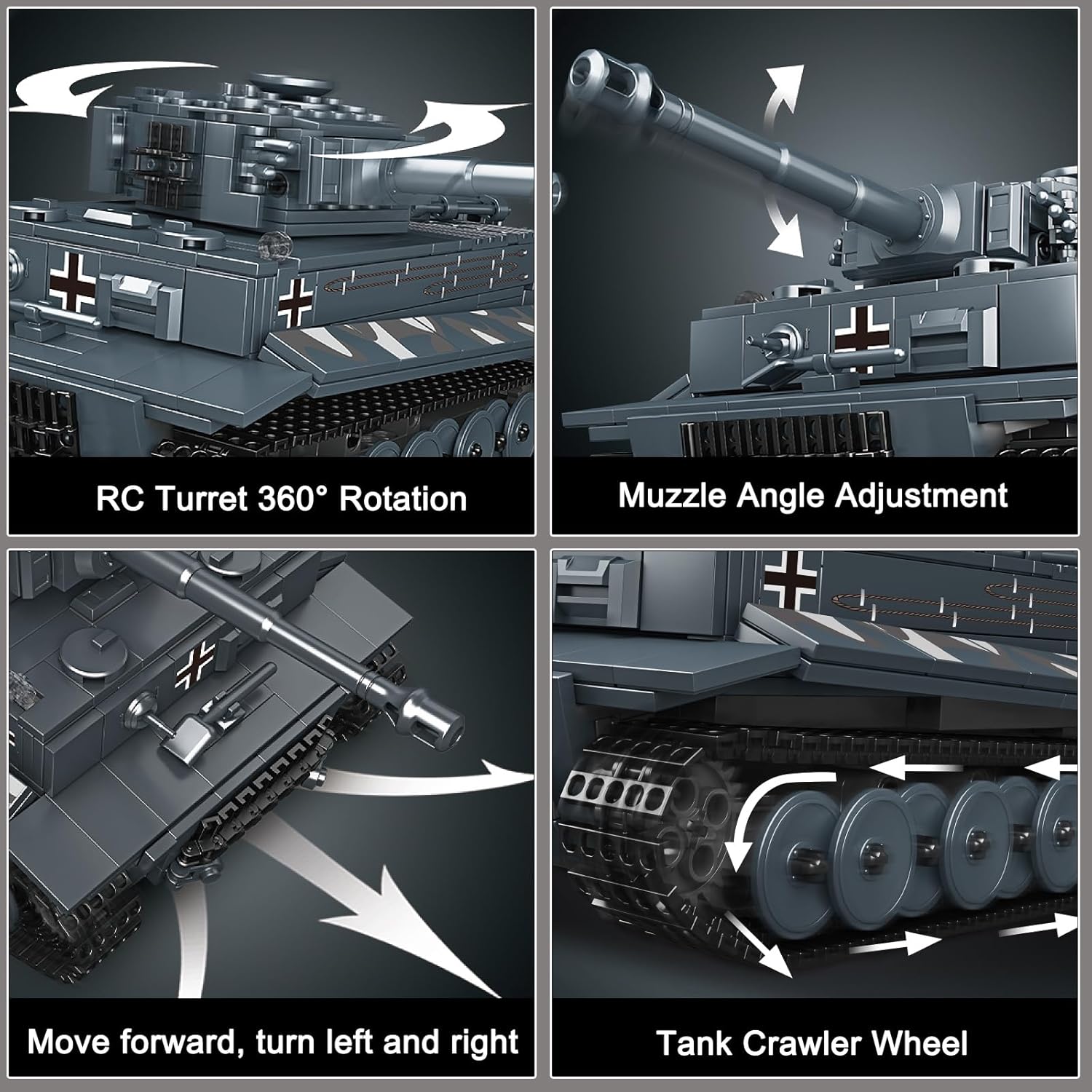 Diagram showing the tank's features: 360-degree turret rotation, muzzle angle adjustment, forward/backward/turn movement, and tank crawler wheels.