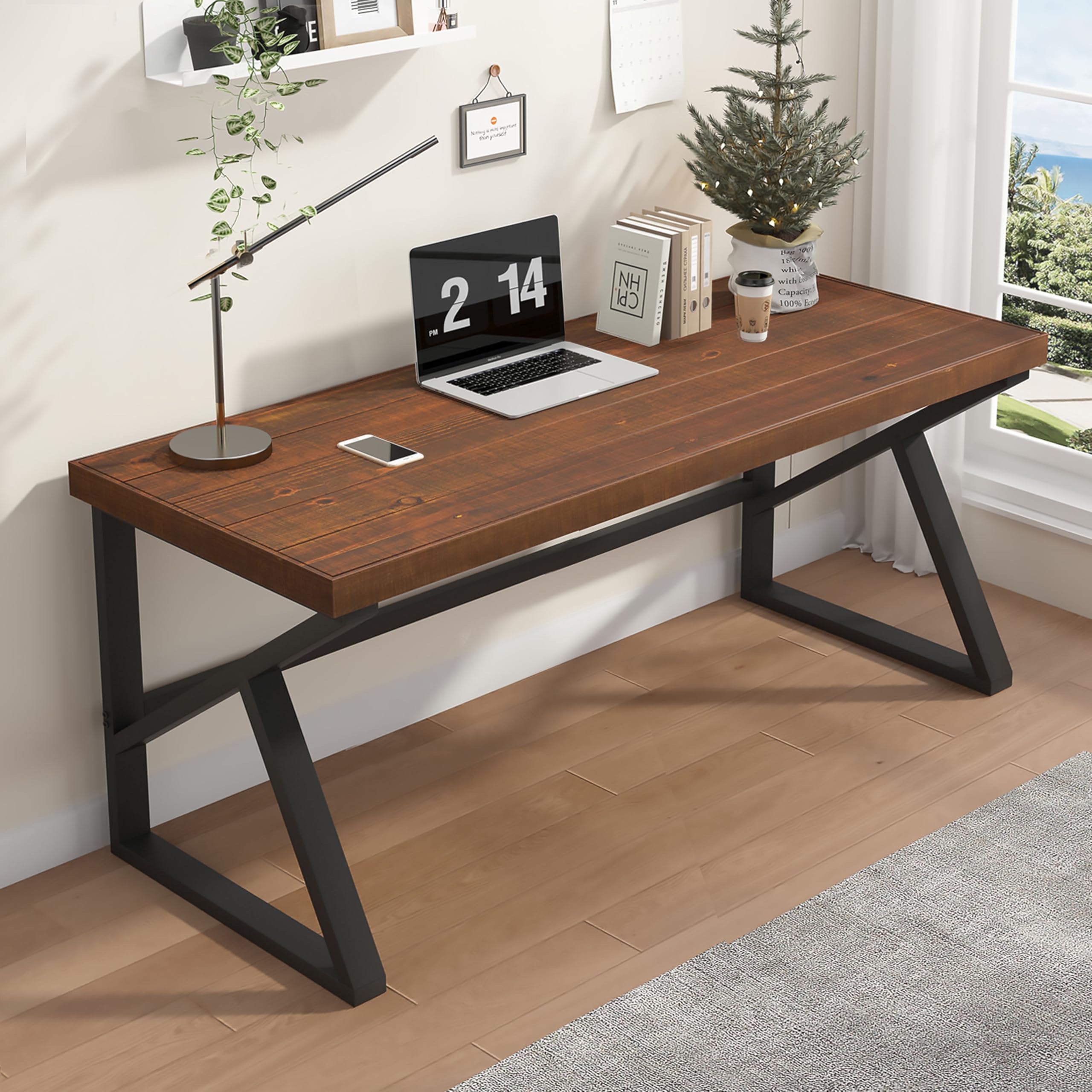 IBF Bureau hout, industriële computertafel voor thuiskantoor, groot bureau voor 2 personen, dual monitor, werk, modern, metaal, pc, studie, schrijftafel, rustiek, bruin, 180 x 80 cm