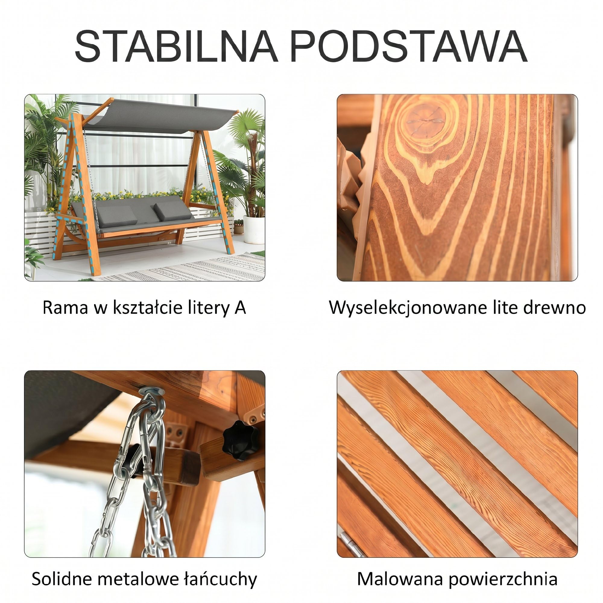 Outsunny Hollywoodschaukel mit Bettfunktion 3-Sitzer Holzschaukel mit verstellbarem Sonnendach Lärche Gartenschaukel belast 240kg Gartenliege Schaukelbank für Terrasse, 225,5 x 130 x 180 cm Grau+Teak