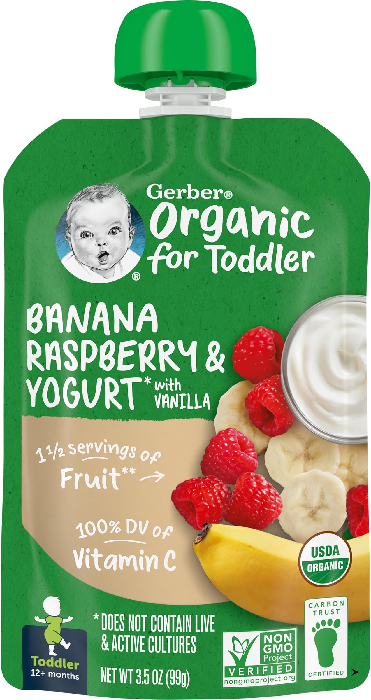 GerberOrganic Baby Food Pouches, Toddler, Banana Raspberry Yogurt Vanilla, 3.5 Ounce (Pack of 12)