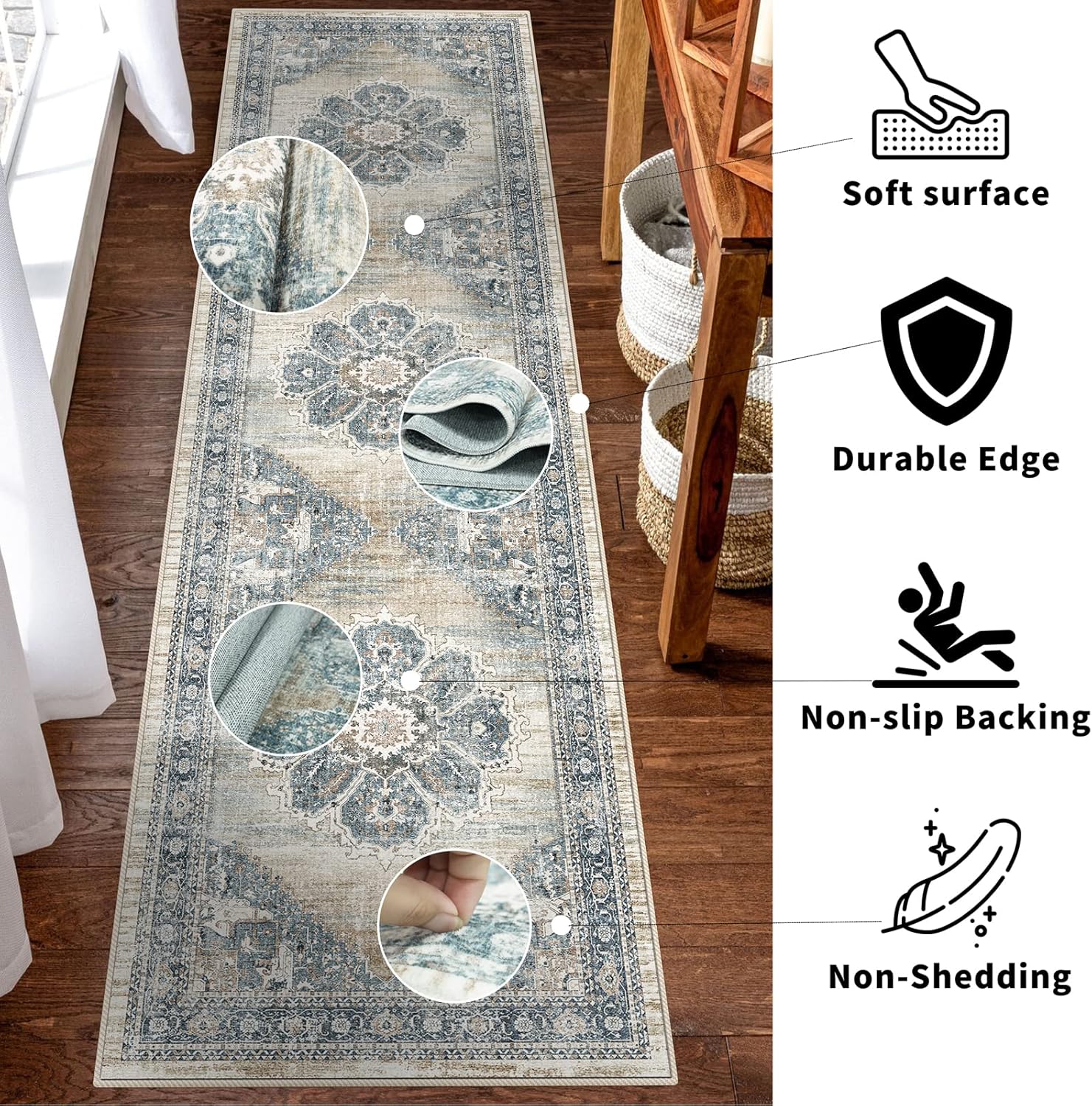 YOUFORTONG 2x7 Runner Rugs for Hallways Soft Kitchen Rug Non Slip Rug Runner with Rubber Backing for Bathroom Washable Non Shedding Farmhouse Runner Rug (Blue, 2X7)