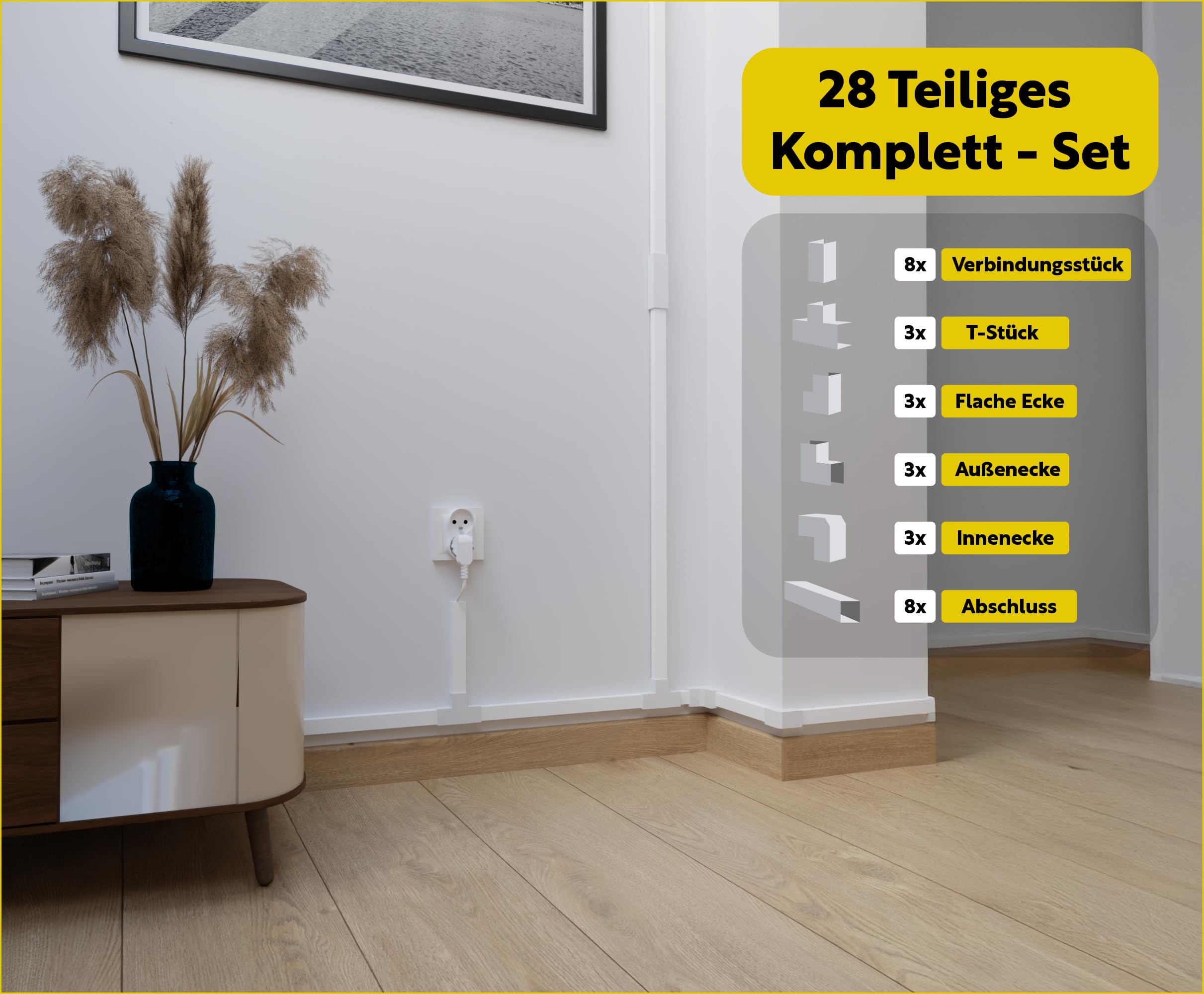 Kit de goulotte de câble en PVC - 16 m (4 × 4 cm) - Profil extra large - Avec 20 accessoires - Autocollant - Pour l'intérieur et l'extérieur - Blanc
