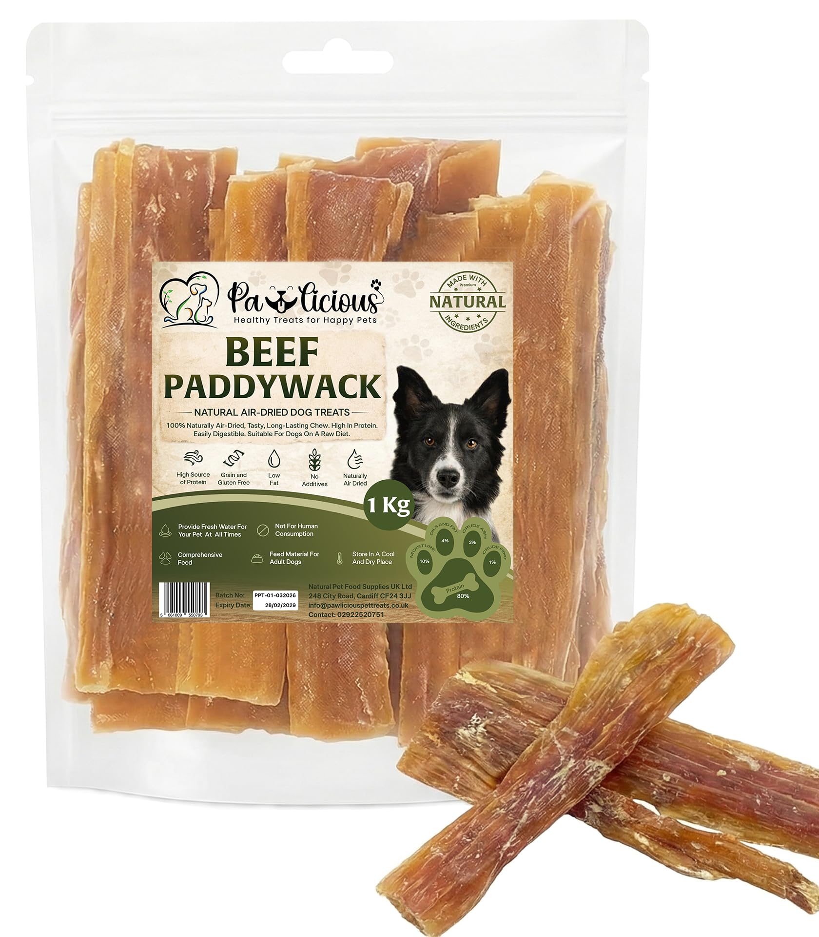 Pawlicious Beef Paddywack Strips for Dogs 2Kg,Natural Beef Tendon Dog Chews