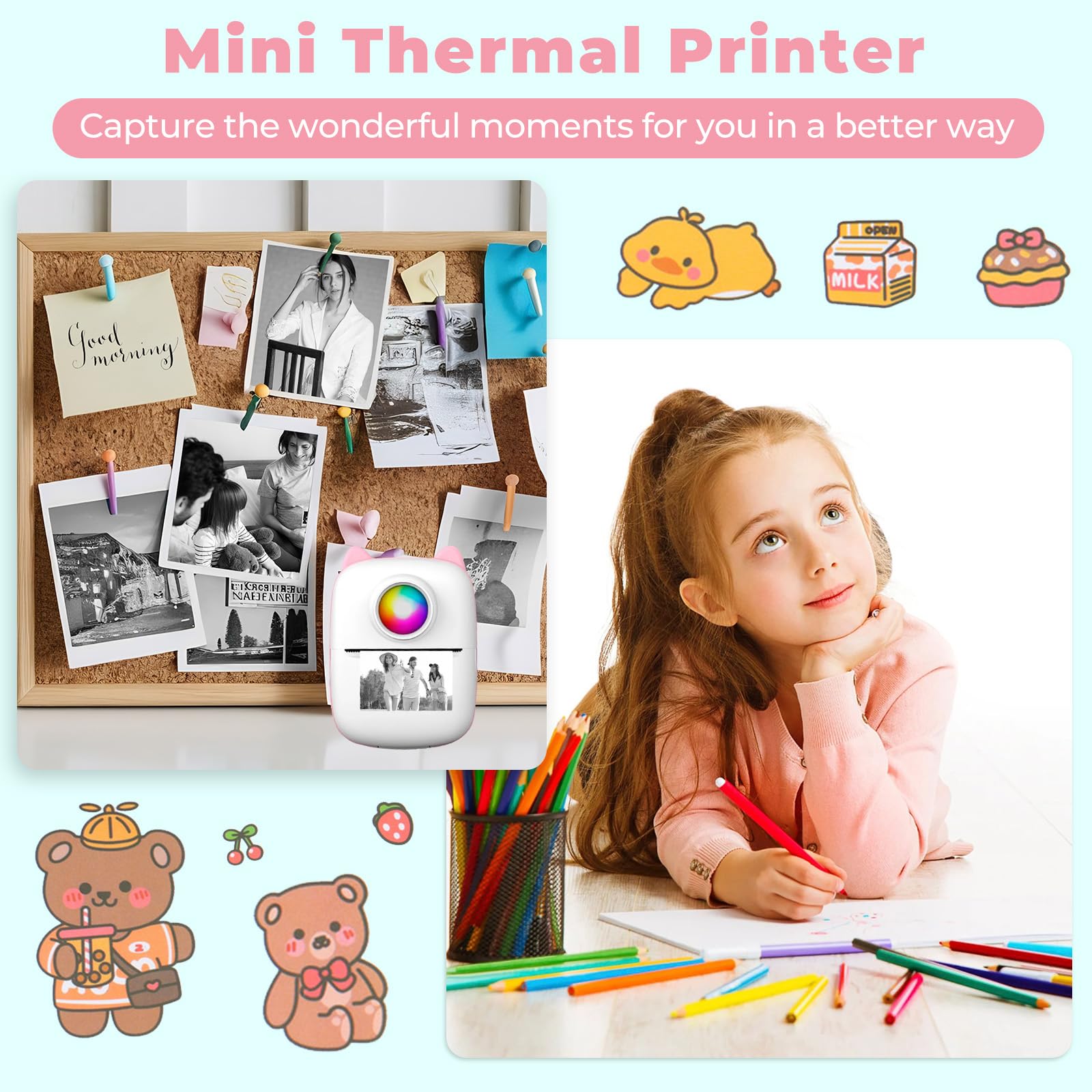 Mini Impresora para Movil, Impresora Termica Fotográficas, Impresora Mini Portátil Inalámbrico Compatible con iOS y Android para Fotos Nota (Rosa)