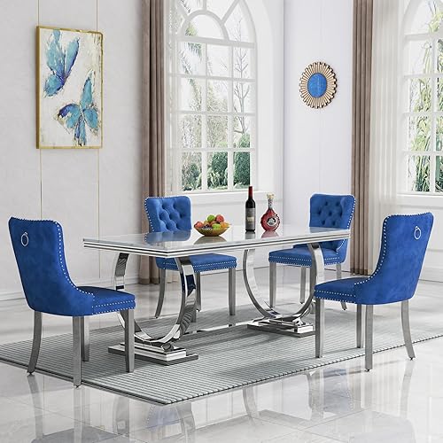 Miniatura 11 de Juego de mesa de comedor moderno de 7 piezas para 6, mesa de comedor de mármol blanco de 68 pulgadas para 6 personas con sillas de terciopelo gris