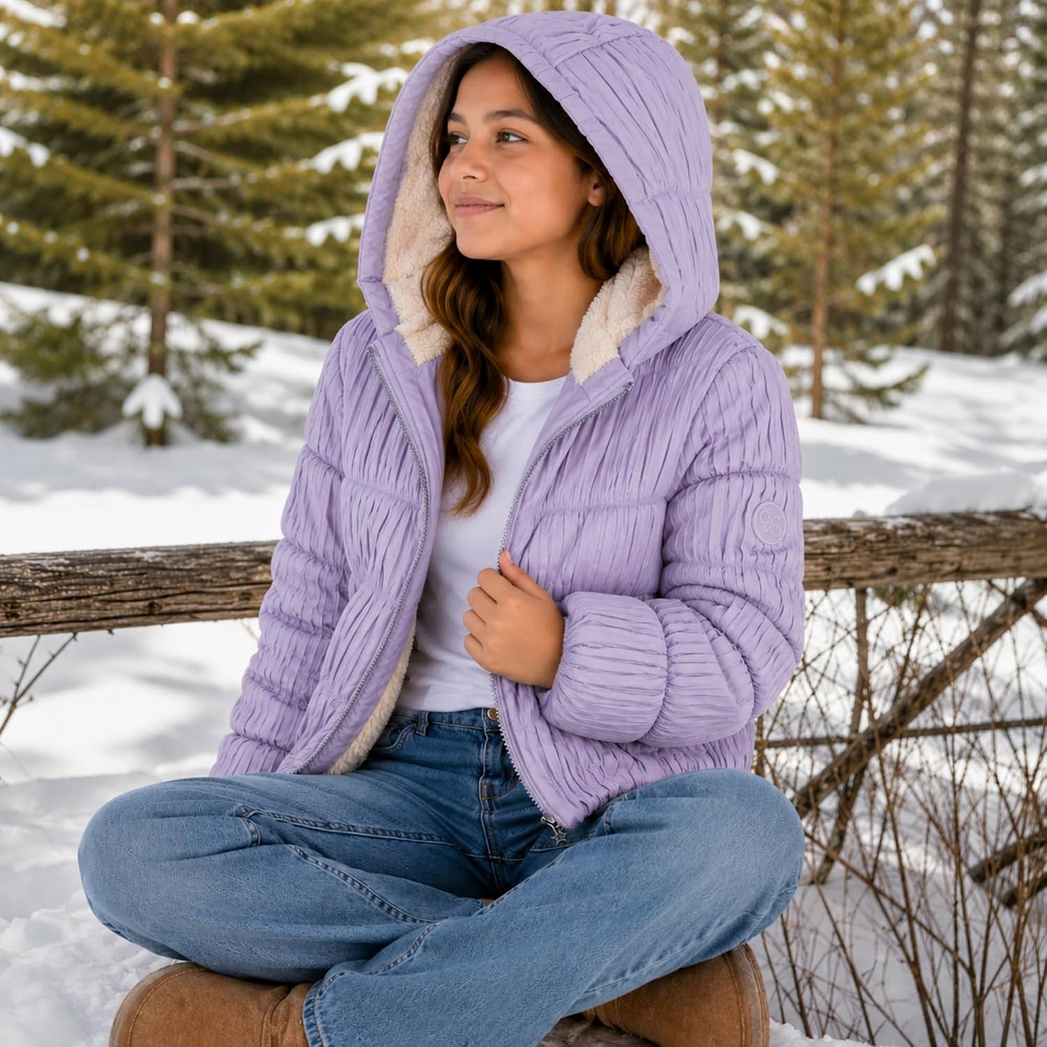 Jessica Simpson Girls Cropped Puffer Jacket - Heavyweight Crinkle Poly Shell Sherpa Lined Hood Girls Winter Jacket