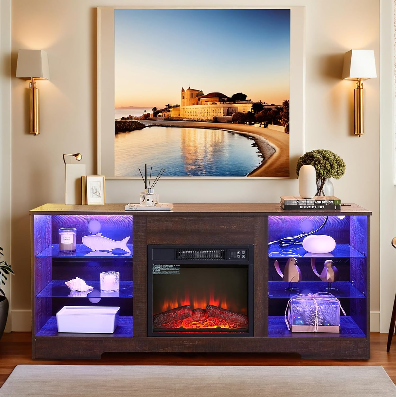 58-inch Electric Fireplace TV Stand with Built-in Heater — Media Console with Storage, Customizable LED Fireplace, Remote, Outlets & USB