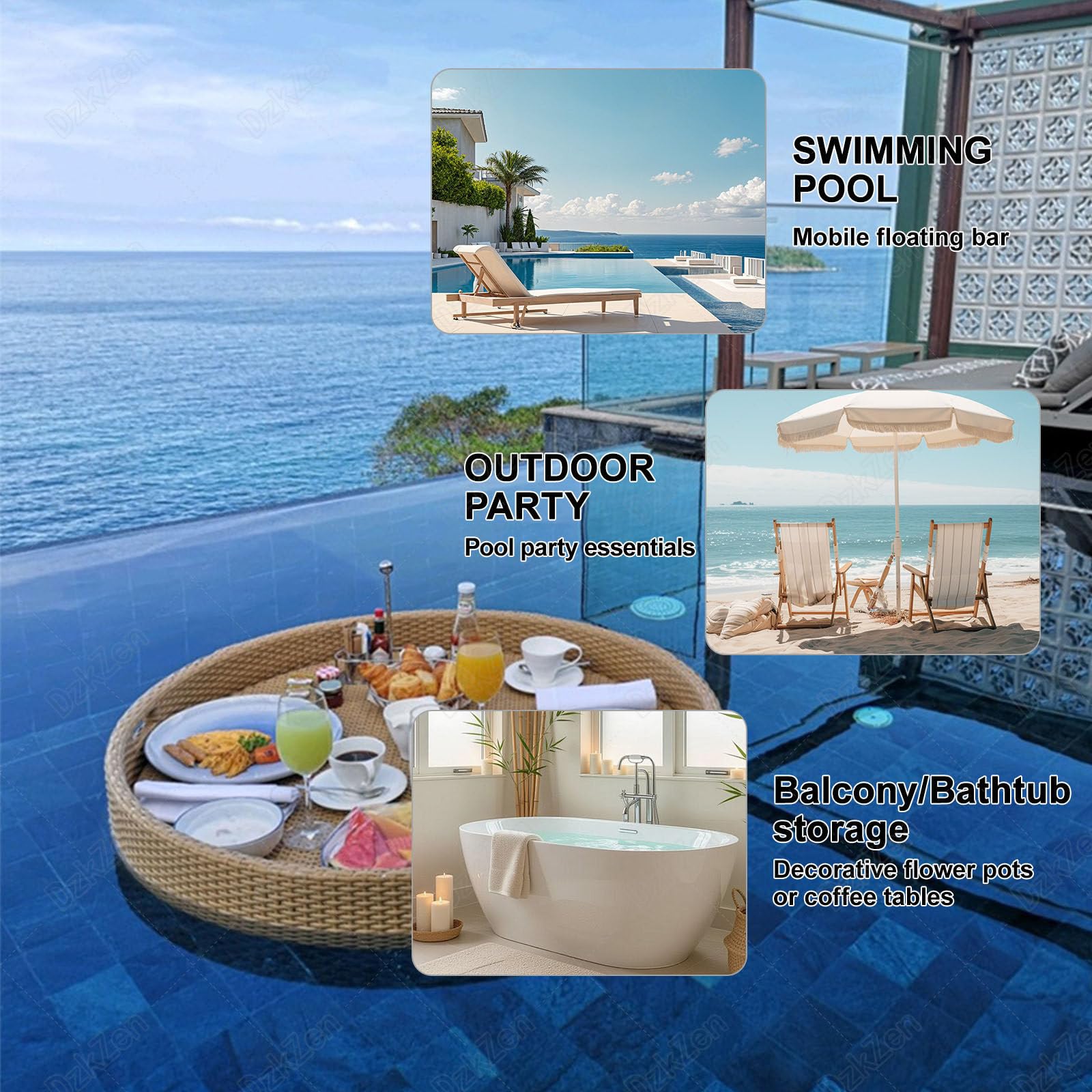 Bandeja redonda de ratán, diseño tejido con asas, ideal para desayunos, fiestas, spas, flotadores de piscina, 60 cm, decoración y uso práctico