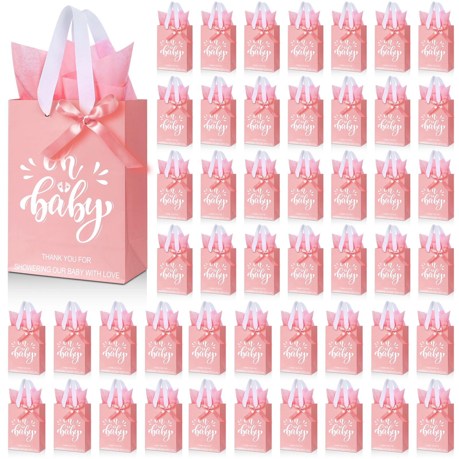 Photo 1 of Glenmal 100 Pack Baby Shower Bags with Tissue Paper and Ribbons Baby Gift Bags Baby Shower Bag with Handle Thank You Gender Reveal Gift Bag for Guests Gift Wrapping Party Favors (Pink)