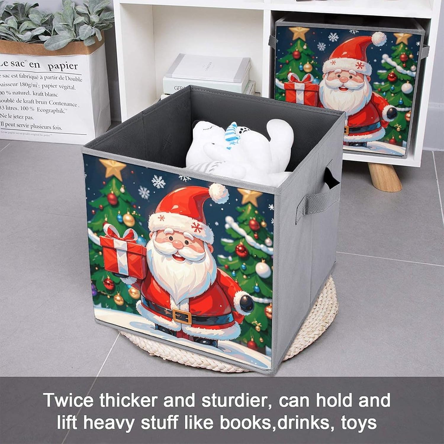 Merry Christmas Santa Claus Foldable Storage Box with Handles, Durable Oxford Storage Cubes, 2PCS Collapsible Closet Organizer for Home, Shelf, Office, Travel
