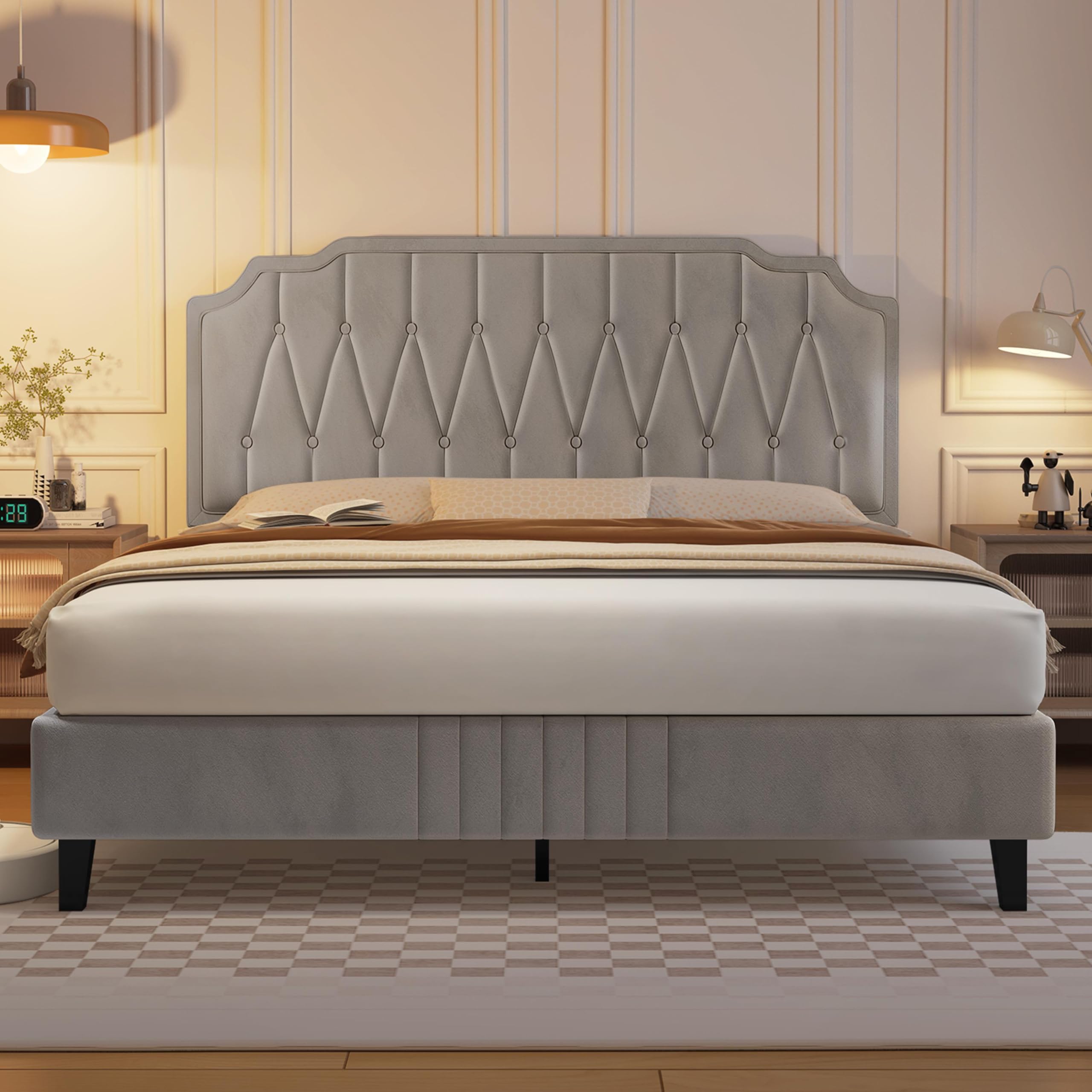 Yaheetech Polsterbett Doppelbett 160 x 200 cm Stoffbett Bettgestell Gepolstertes Bett mit höhenverstellbarem Kopfteil Bettrahmen mit Lattenrost, Beige | Modernes und elegantes Bett mit Lattenrost, robuste Struktur, weiche Oberfläche, 160 x 200 cm, Beige