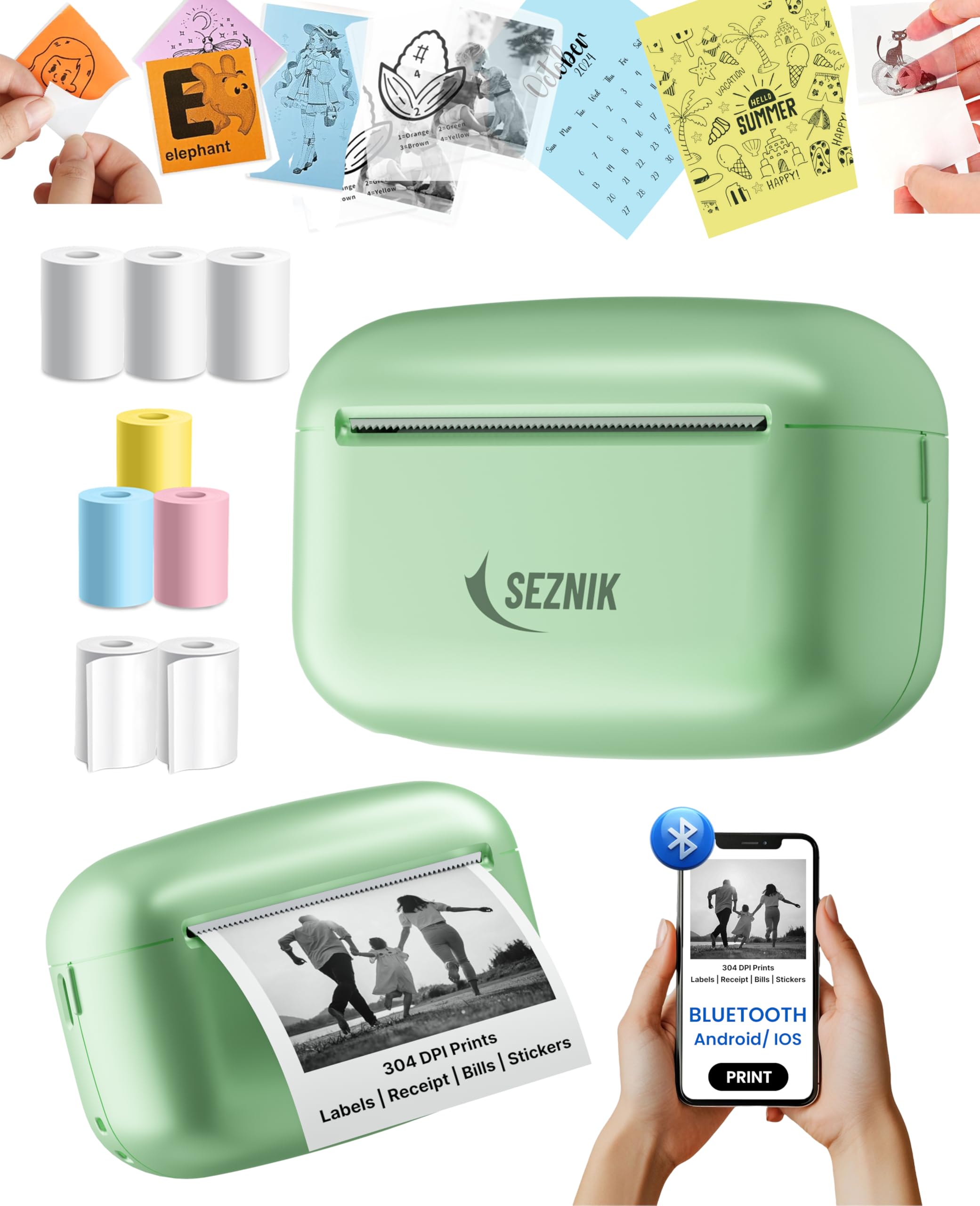 SEZNIK Mini Printer, Ultra HD Print 304 dpi | Inkless | Portable | Bluetooth Compatible with Android iOS | 1 Year Warranty (Mini-UltraHD-Green)