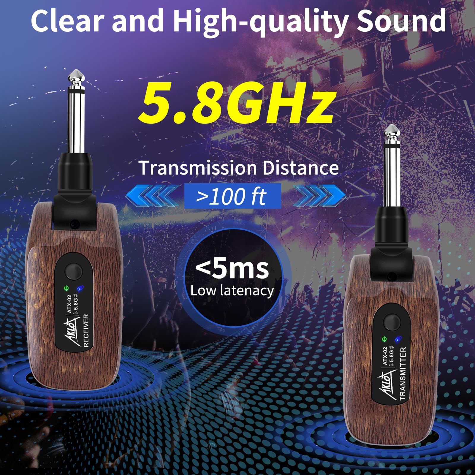 Transmisor y Receptor Inalámbrico de Guitarra,AKLOT 5.8 GHz Sistema Inalámbrico de Guitarra Eléctrica Piezas Batería de Litio Recargable Incorporada Digital para Guitarra Eléctrica Bajo