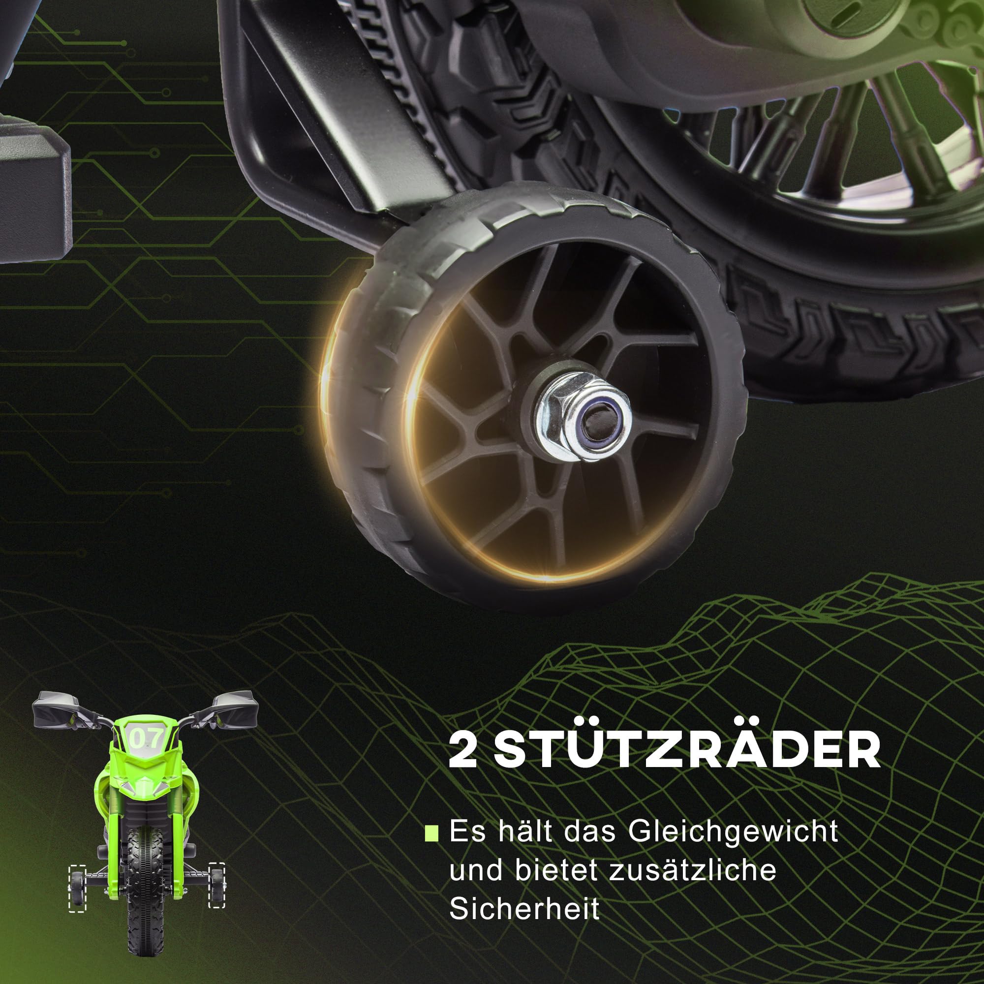 AIYAPLAY Elektro Kindermotorrad mit Hupe 3 km/h für Kinder 3-8 Jahre Grün | Elektromotorrad, Kinder Elektro Motorrad, mit 2 Stützrädern
