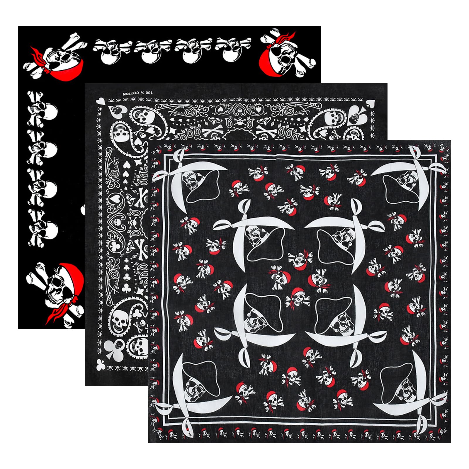 3 pañuelos negros de calavera, diadema de pirata de Halloween, bufanda de algodón de doble cara, envoltura para la cabeza para mujeres y hombres, uso diario unisex
