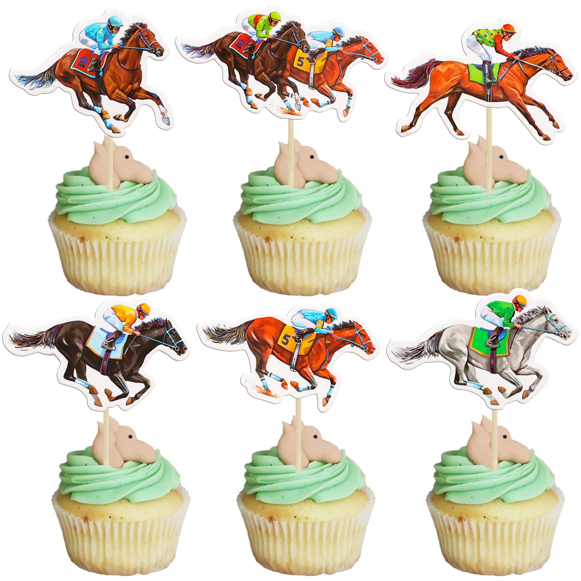 Gyufise 36Pcs Horse Racing Cupcake Toppers Derby Party Decorations Race Horse Cupcake Toppers Run for The Rose Theme Horse Party Supplies