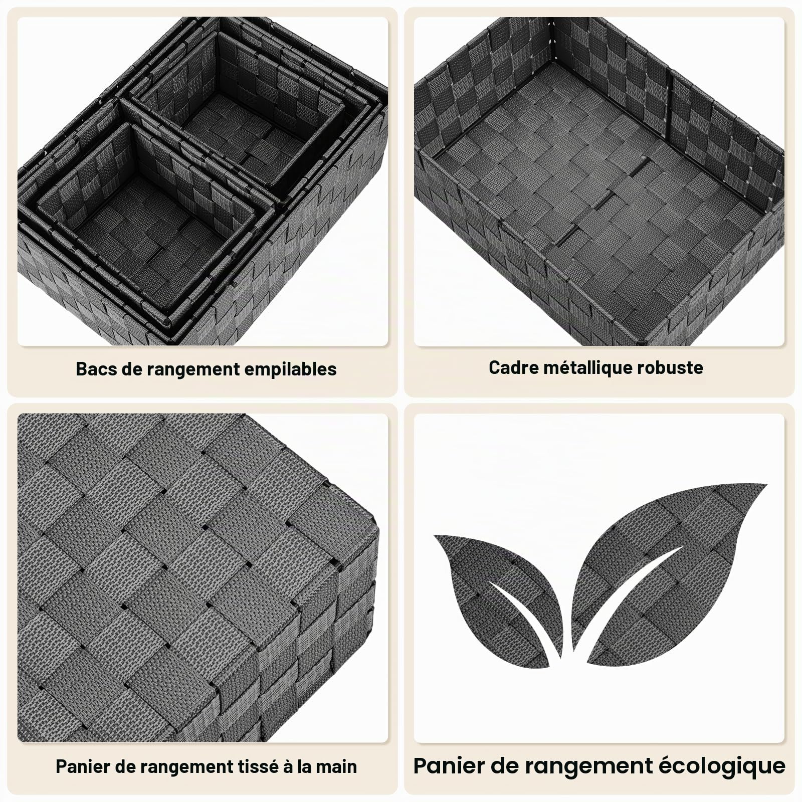 Panier Rangement 34,4cm, Lot de 6 Paniers et Boîtes de Rangement, Panier de Rangement pour Rangement Organisateur de Salle de Bains/Chambre/Cuisine/Étagères/Cosmétiques/Papier Toilette (Noir)
