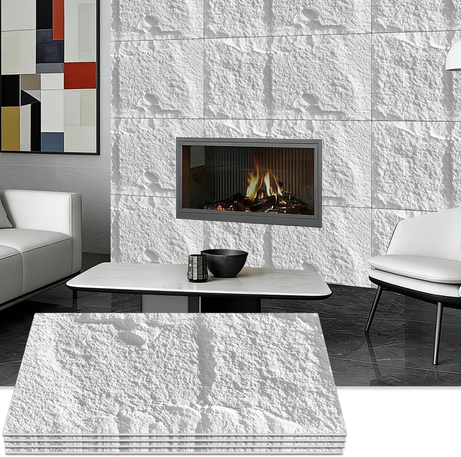 3D Faux Stone Wall Panels, 4 PCS PU Wainscoting Panel for Interior Wall Decor, Cement Texture Thicker Accent for Home, Office, 43.3 × 23.6 inch (White)